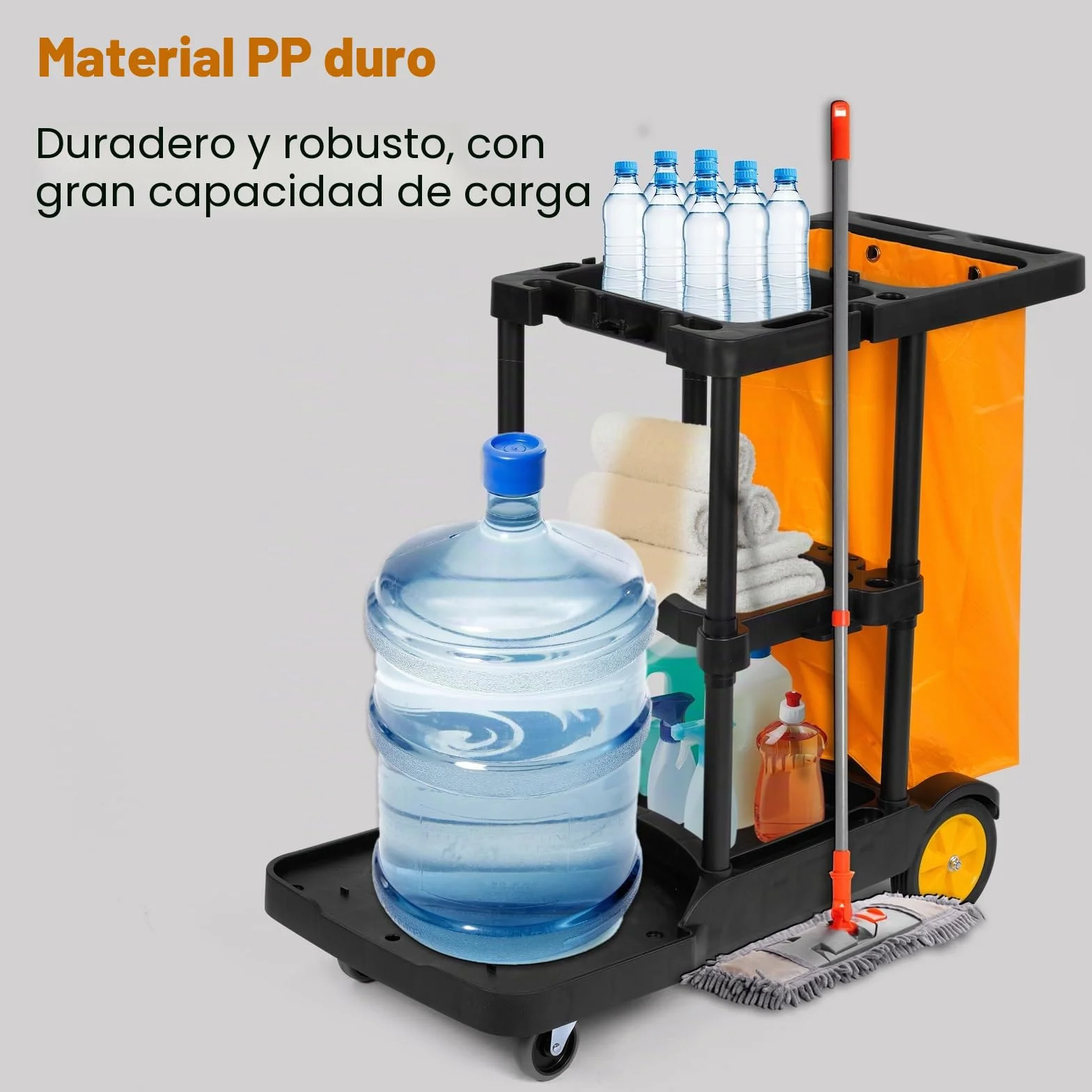 Bimiti Carro de limpieza profesional con bolsa extragrande, 113x56x93 cm, 3 niveles de gran capacidad, carrito de limpieza, bolsa de basura de 65 L, amarillo y negro
