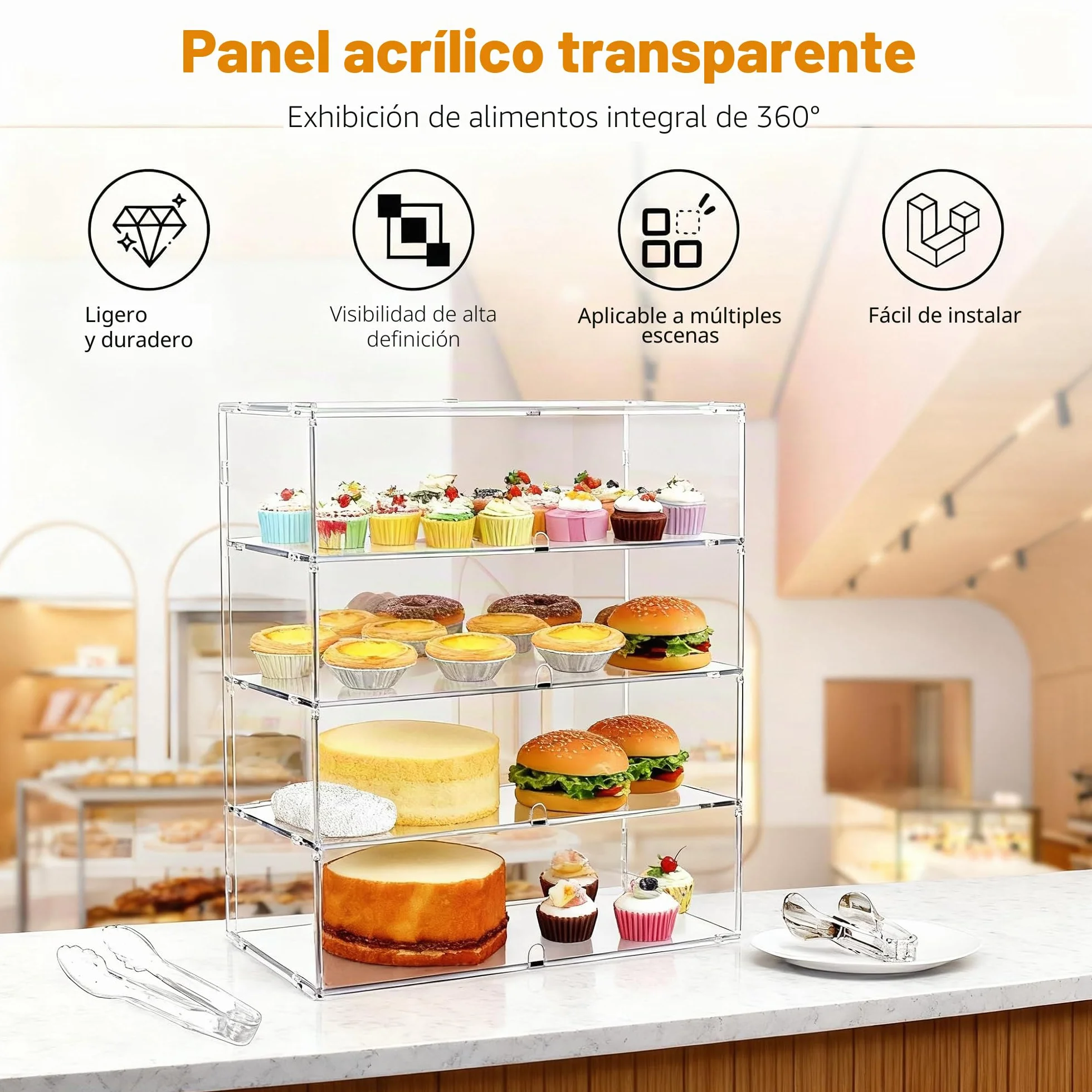 Vitrina Transparente para panadería con encimera de 3 Niveles, Paneles PETG de Alto Impacto de 5 mm (LJ039C 4-Tiers transdparent)
