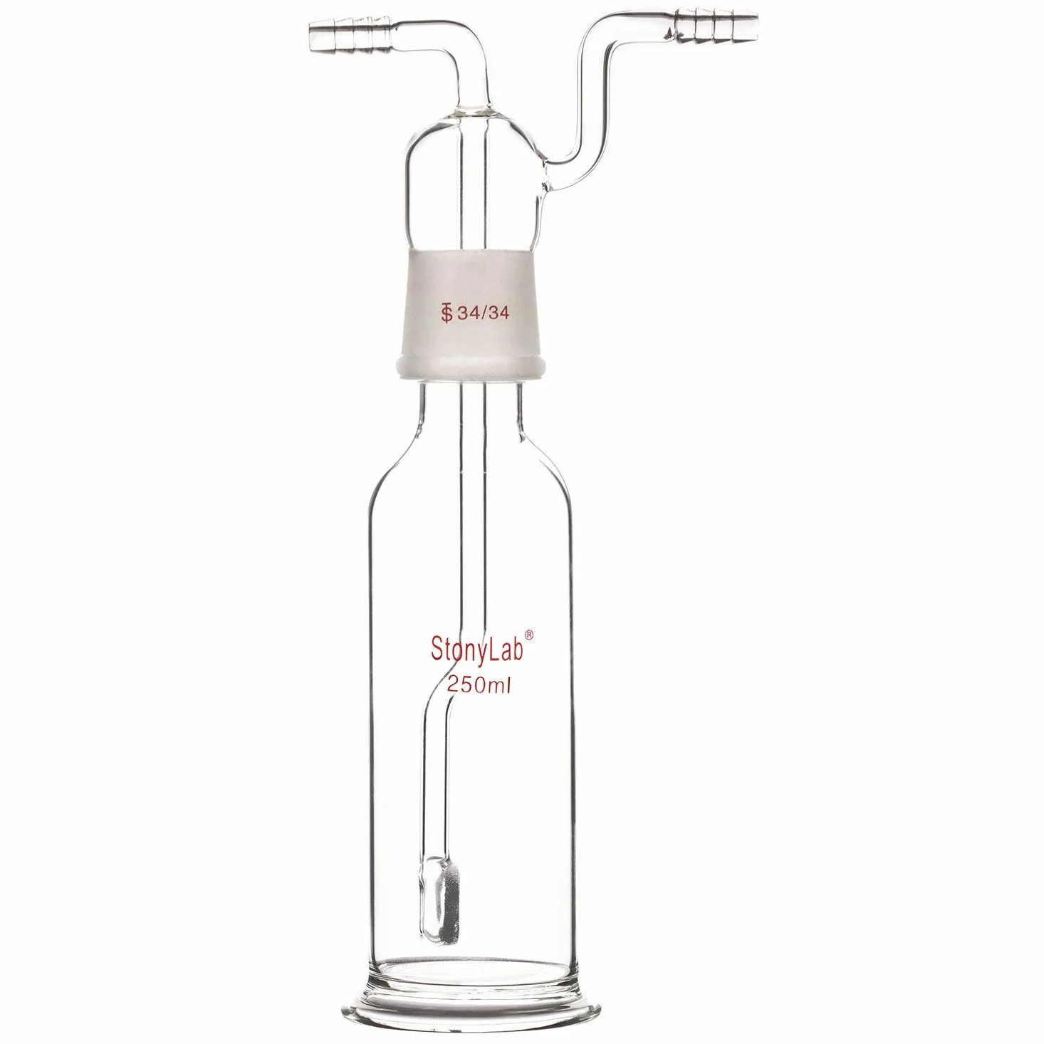 stonylab Botella de Lavado de Gas, Vidrio de Borosilicato Tapón de Gas 34/34 Gas Burbujeador Botella de Lavado con Disco Fritado y Entrada de 8 mm de Diámetro Exterior/Mangueras de Salida, 250 ml
