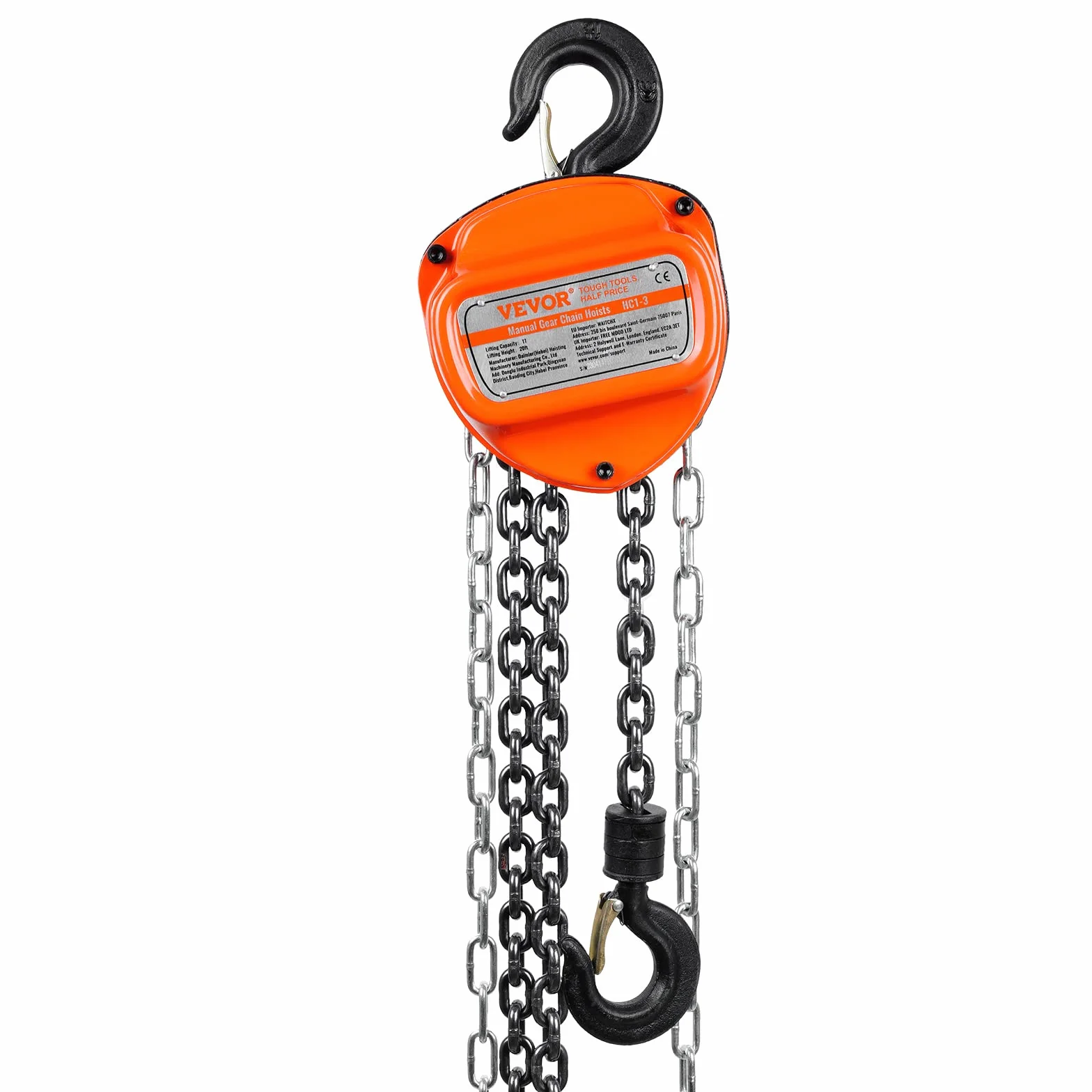 VEVOR Polipasto de Cadena Manual 1 T Polipasto de Cadena con Gancho de Bloque de 360° Altura de Elevación 5,6 m Acero Aleado G80 Guía de Cadena con Freno de Doble Trinquete para Garajes de Mercancías