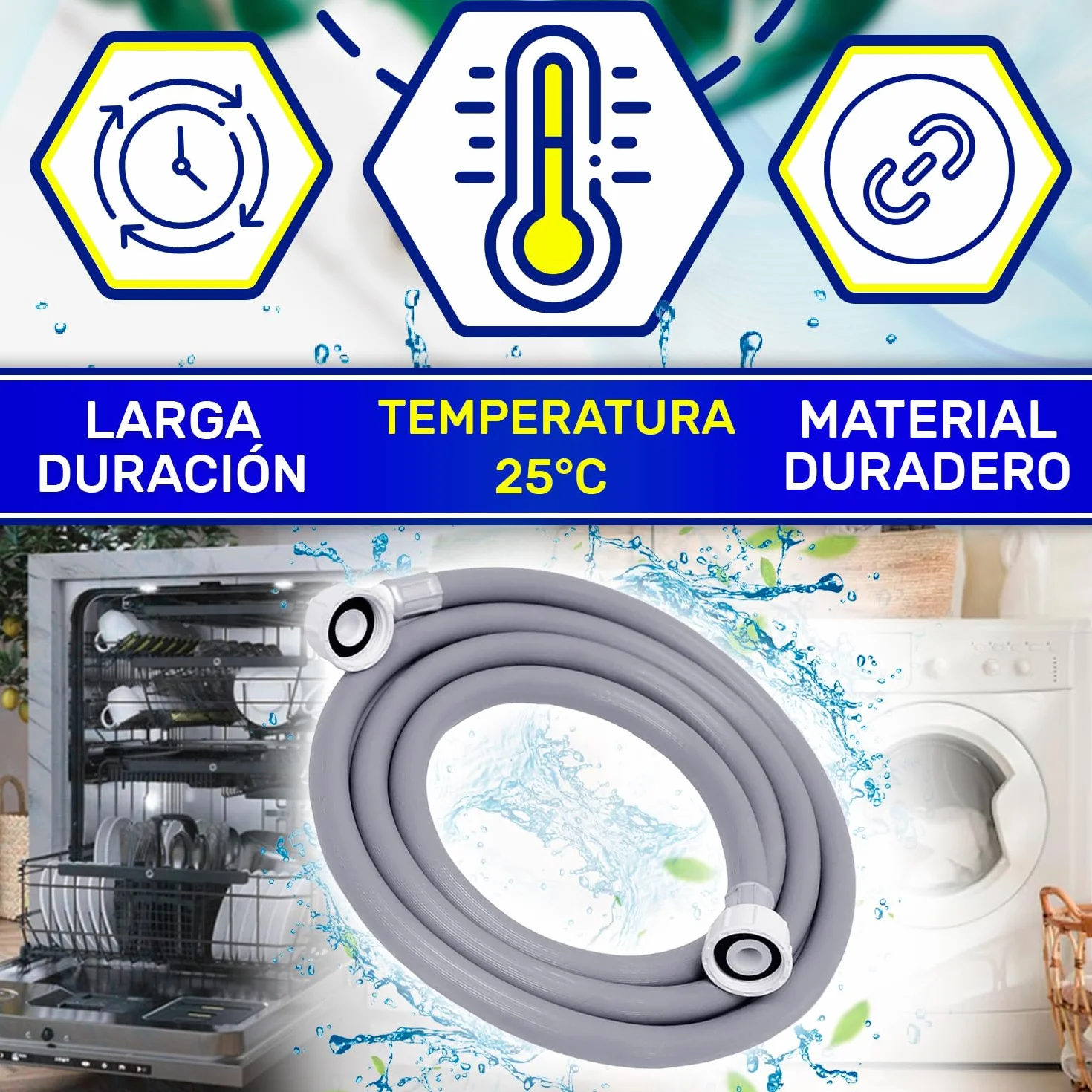 MONTERAL Manguera Lavadora Lavavajillas 3 m 3/4" 20-60 Bar 25°C Conexión Recta y Ángulo