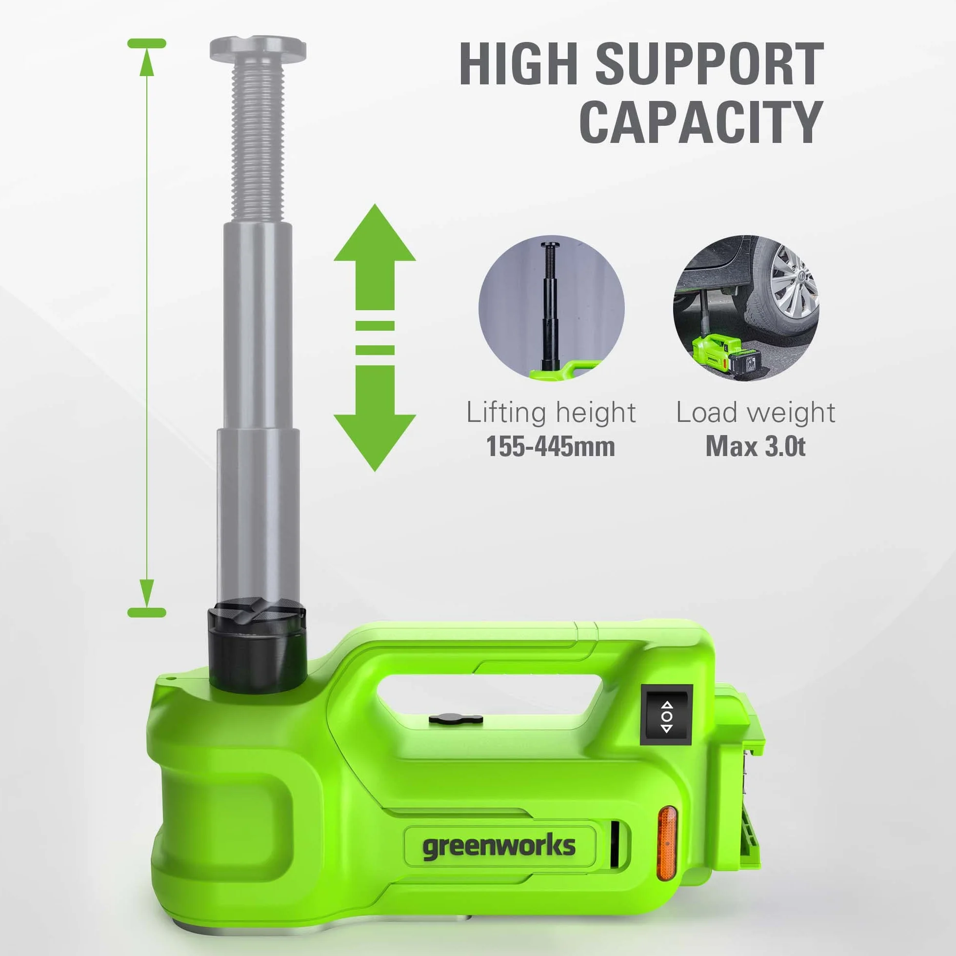 Greenworks Batería Jack 24v 3T Altura de Elevación Hidráulica Eléctrica: 6 - 1 / 8 "- 17 - 1 / 2" (155 - 445 mm) Bloqueo Automático Universal SIN Batería y Cargador G24JACK