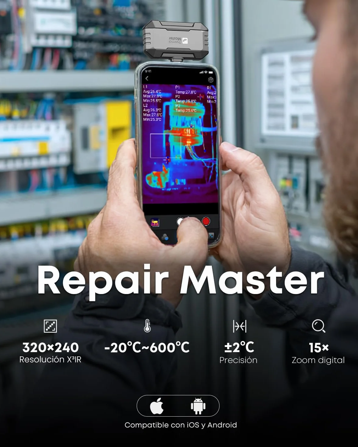 Cámara térmica Thermal Master P1 para iPhone 15/16 y Android, cámara infrarroja térmica con resolución IR X³ 320x240, -20℃-600℃, inspección del hogar, zoom 15x