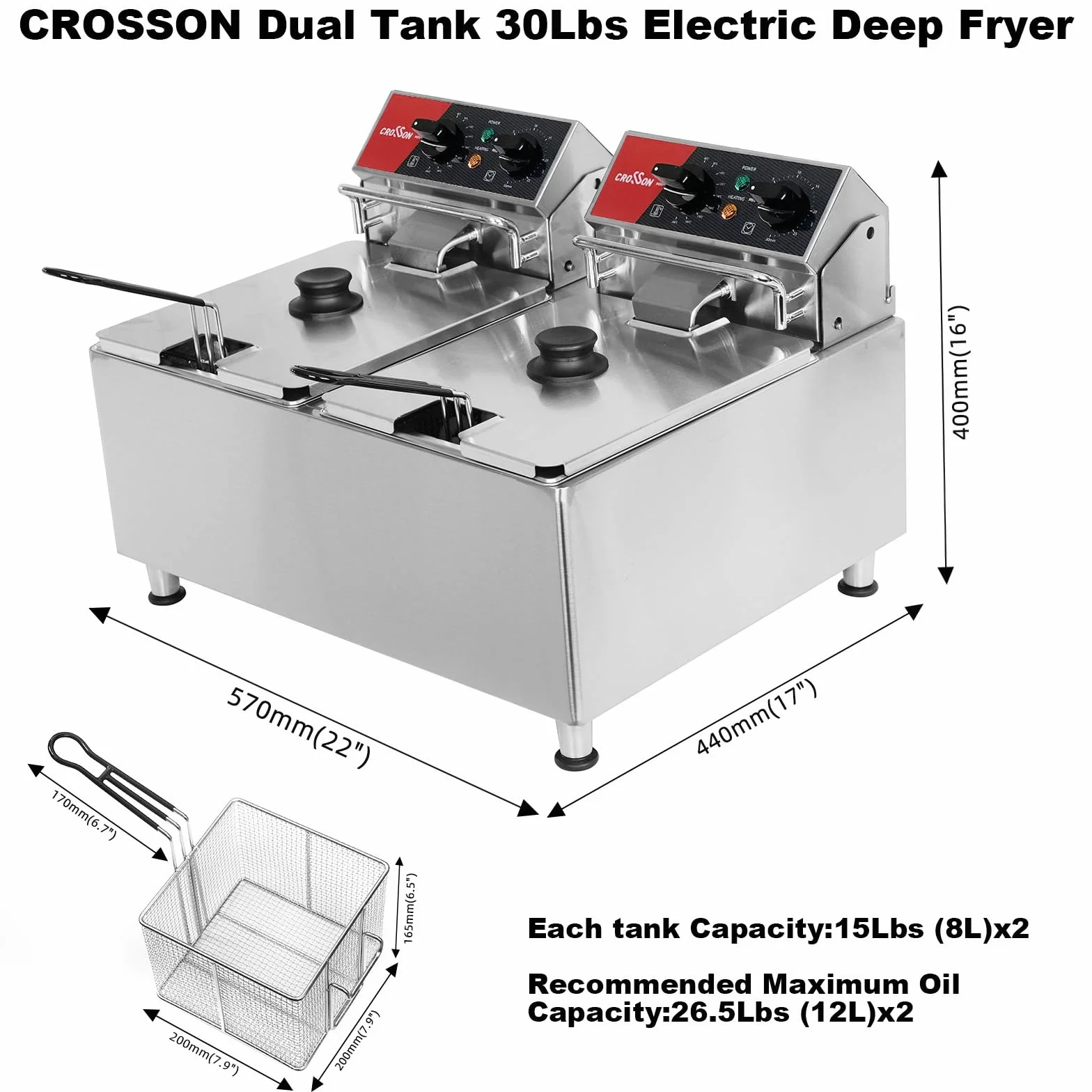 CROSSON 16L Freidora Doble Eléctrica Profesional,7500W Freidora Industrial Hosteleria Gran Capacidad Lleva una Cesta y una Tapa,Control de Temperatura 80-200°C para Cocina de Restaurante