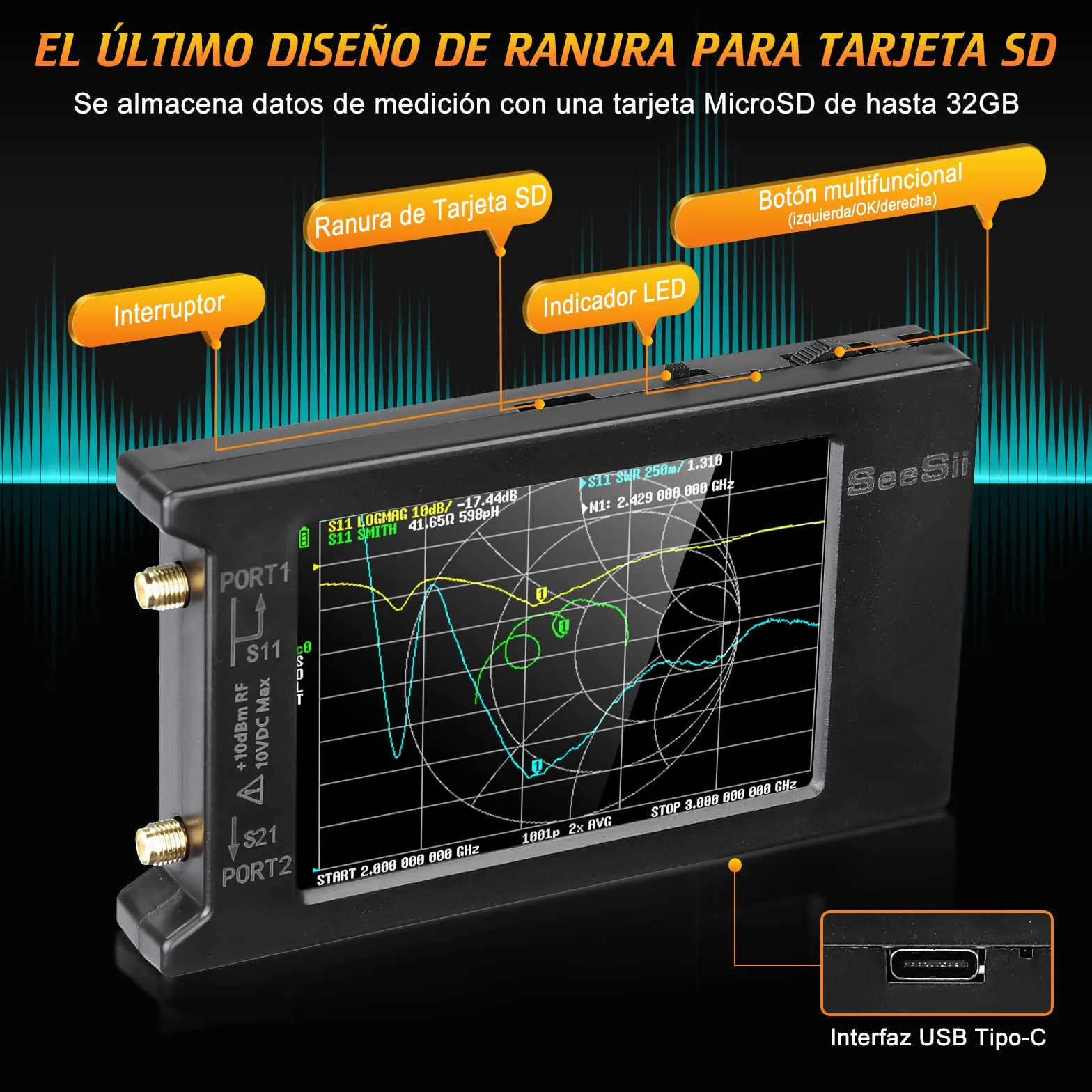 Seesii LiteVNA Analizador de Redes Vectoriales, 4'' Analizador de Antenas 50kHz-6,3GHz Soporta Almacenamiento de Datos para S Parámetros HF VHF UHF SWR Retraso de Fase Smith Chart