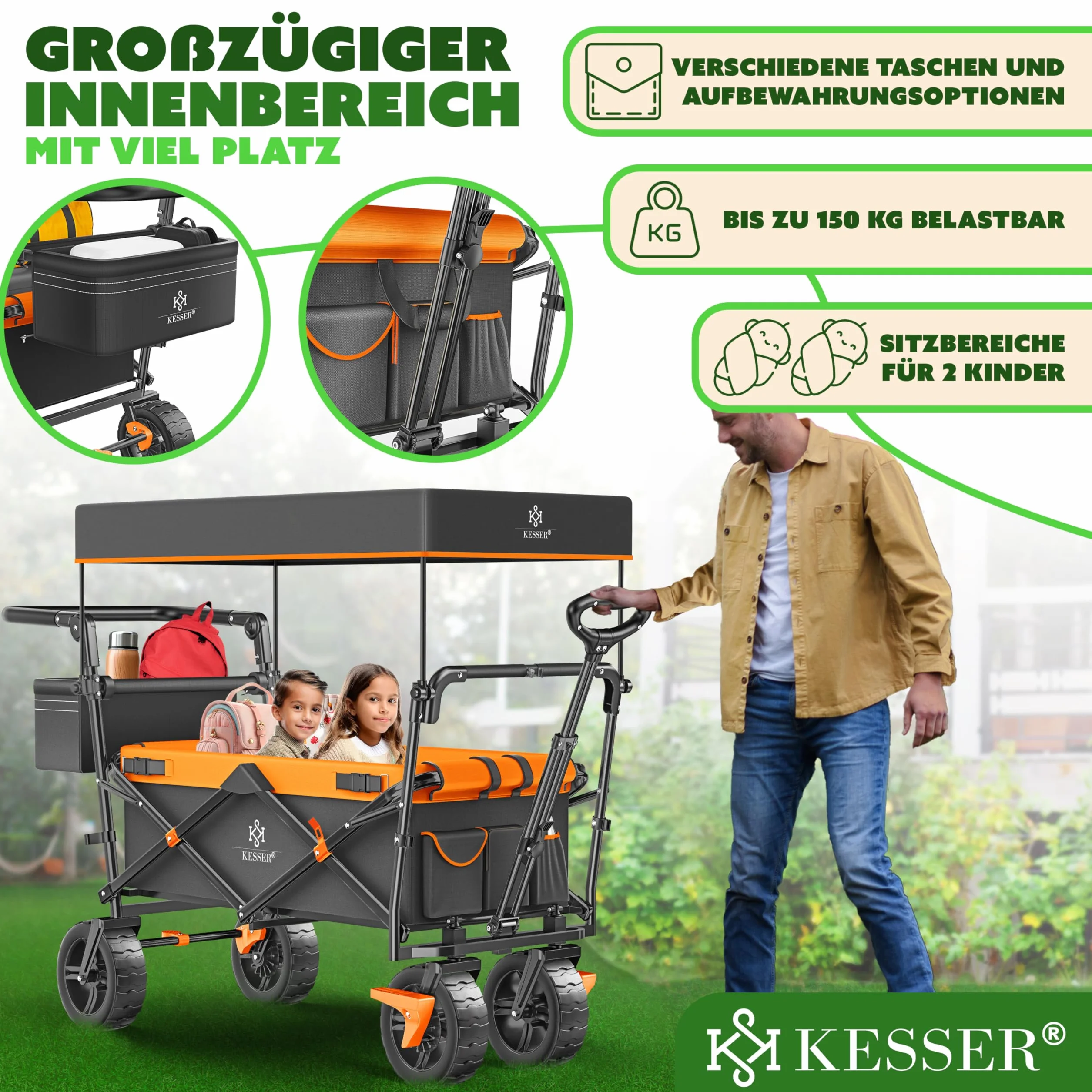 KESSER® Carro plegable GT9000 con techo | Máx. soporta 150 kg, ruedas de goma dura, frenos de estacionamiento (delantero y trasero) | Cerradura, cubierta, clima