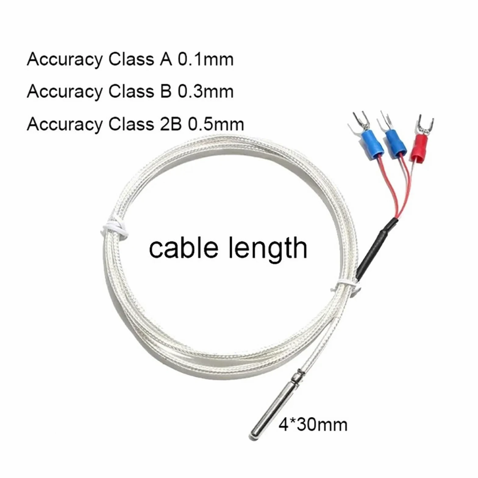 Termistor de sonda de medición de temperatura PT100 termopar 4x30MM con conector de 3 terminales Cable PTFE 1M 2M 3 4 5M(5M Cable Length,B Level 0.3mm)