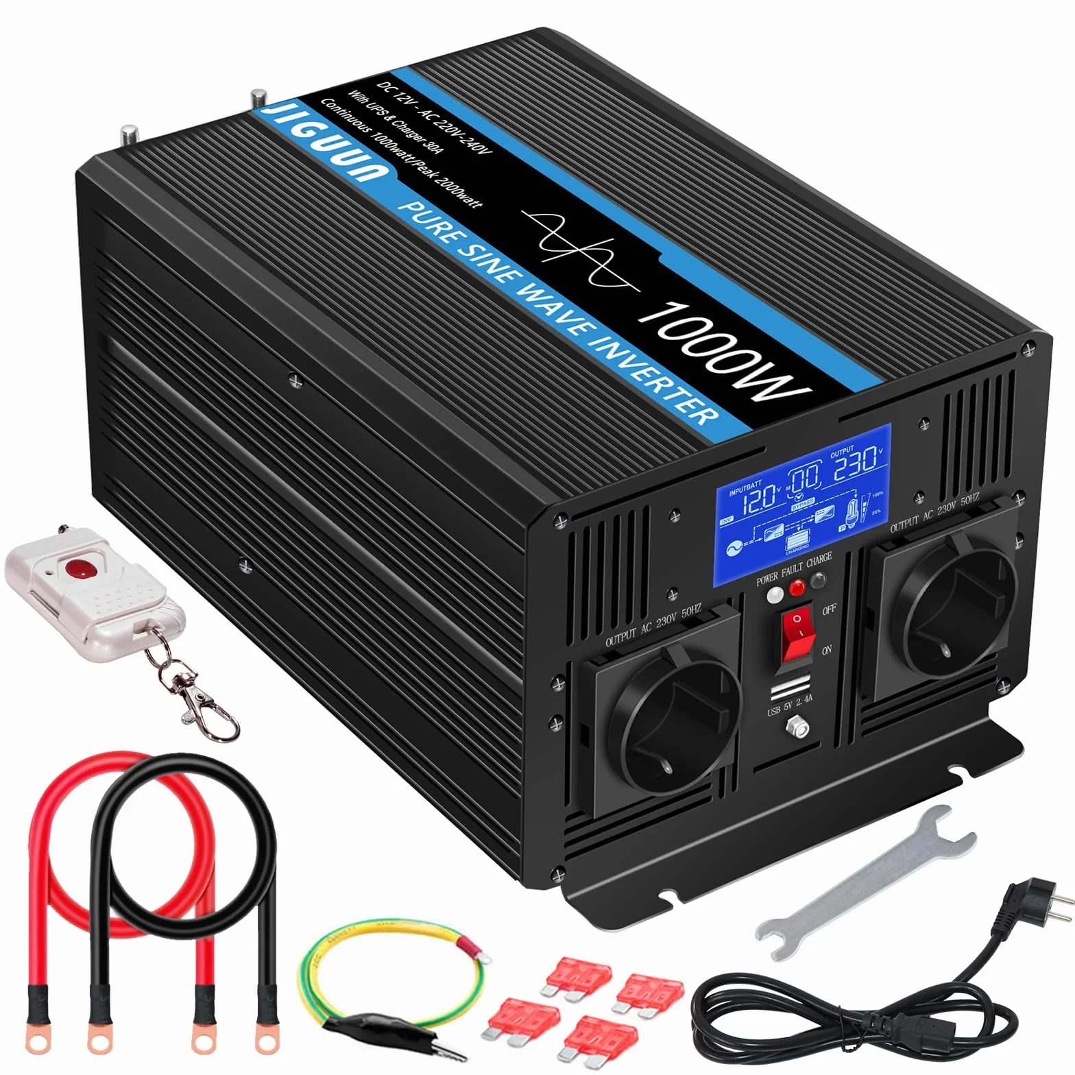 JIGUUN 1000W Inversor 12V 220V Onda Pura Inverter con Cargador 30A y Circuito Prioritario de Red y SAI，2 Tomas UE, Mando a Distancia Inalámbrico y Pantalla LCD Potencia Pico 2000W