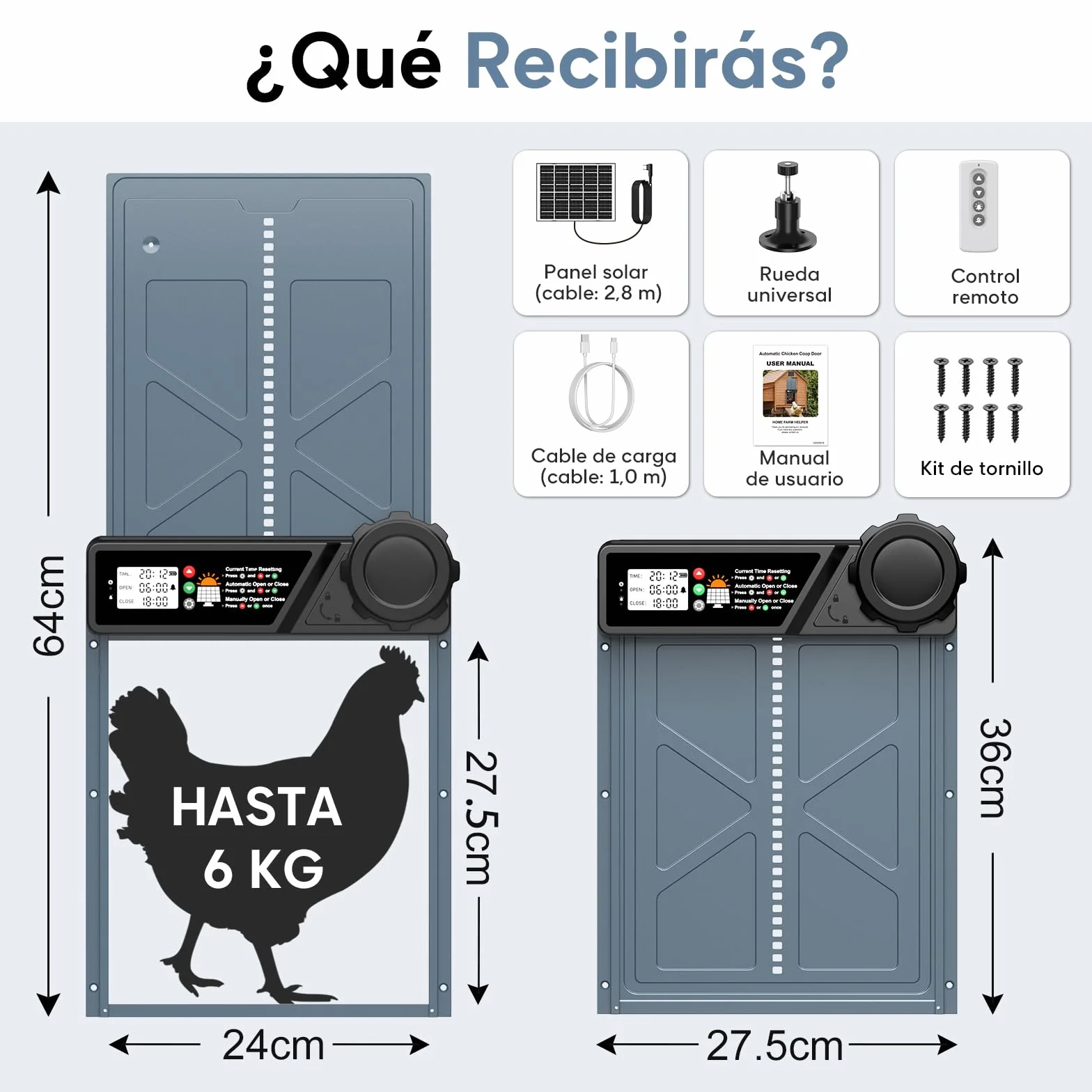 CHAMUTY Puerta automática para gallinero solar con temporizador, panel solar 7W, LCD, mando a distancia