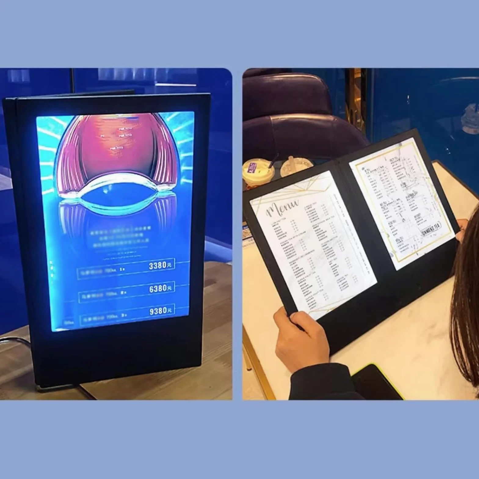 A5 - Cubiertas de menú con iluminación LED, soporte de menú de panel individual o doble, cubierta de menú de visión clara con protectores de cuero para restaurantes, bares, cafeterías
