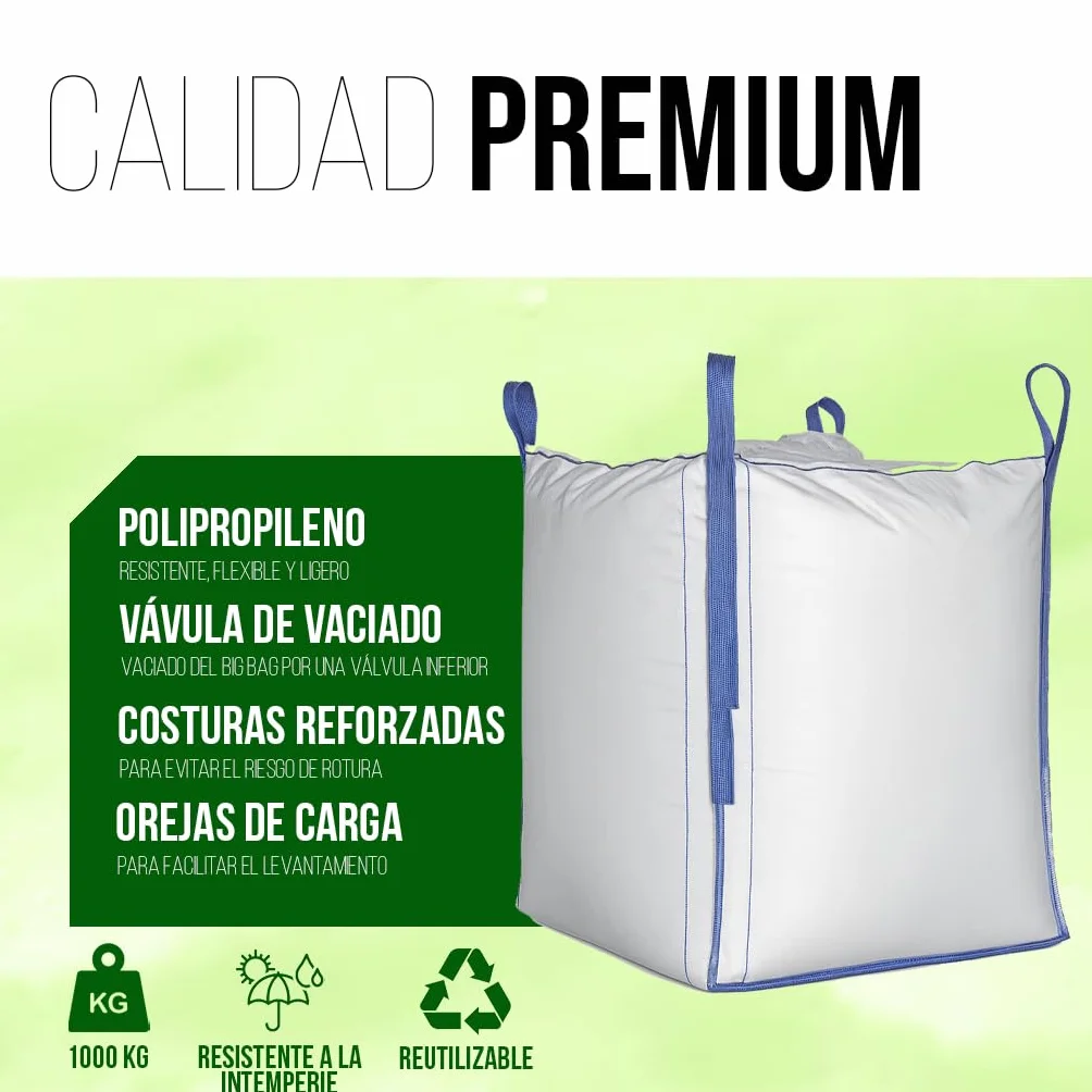 Saco Big Bag 1000kg con boca de vaciado y asas reforzadas 90x90x120cm, sacos para escombros, bolsa jardin, obra, almacenaje y transporte de materiales, resistente, reutilizable y duradero. (10 Uds)