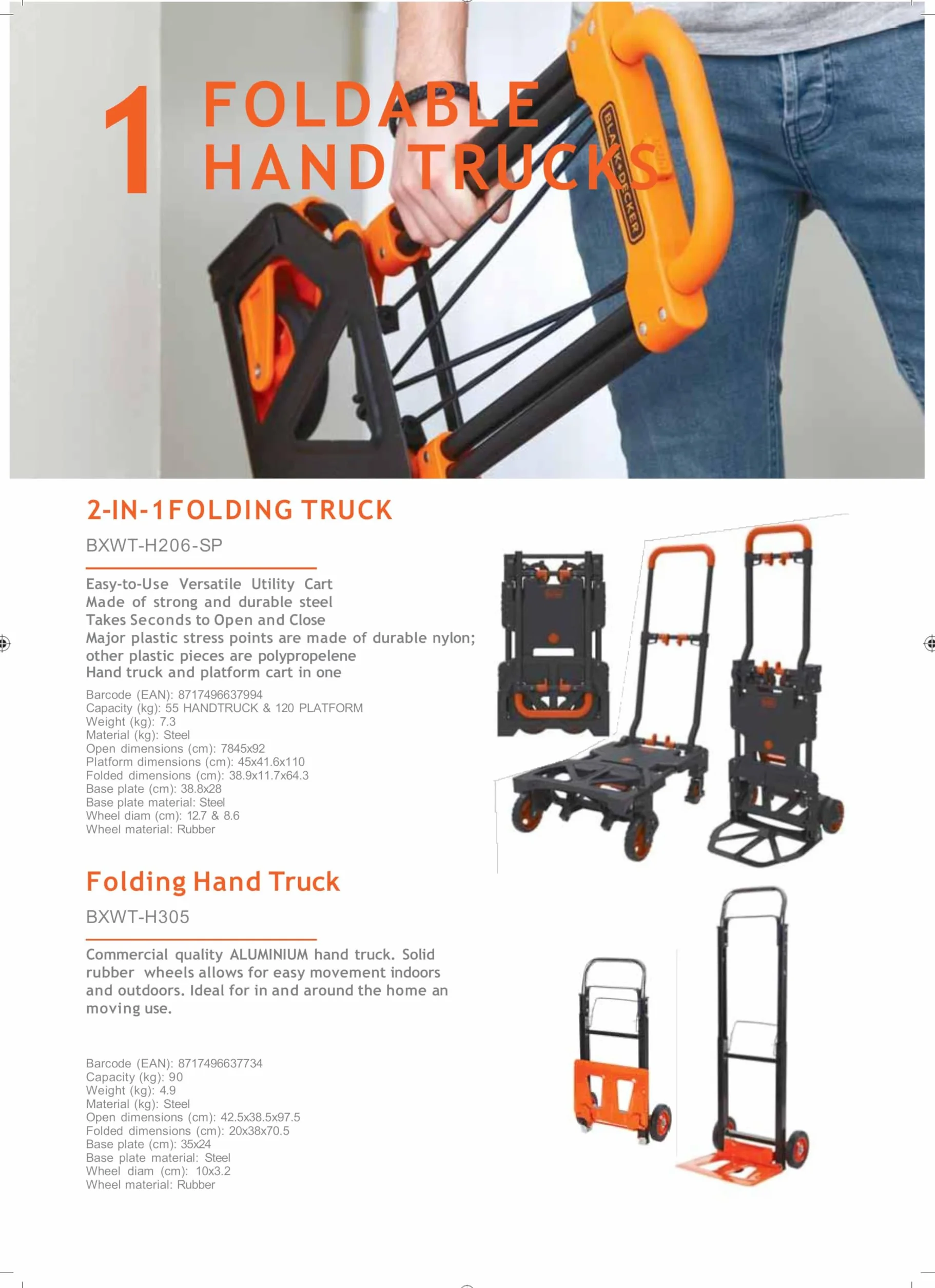 Black+Decker 2-en-1 Carro y Caretilla Plegable - Carretilla de Carga MAX. 55KG - Caretilla de Mano MAX. 120KG - Carro Plataforma con Ruedas Robustas - Plástico/Acero