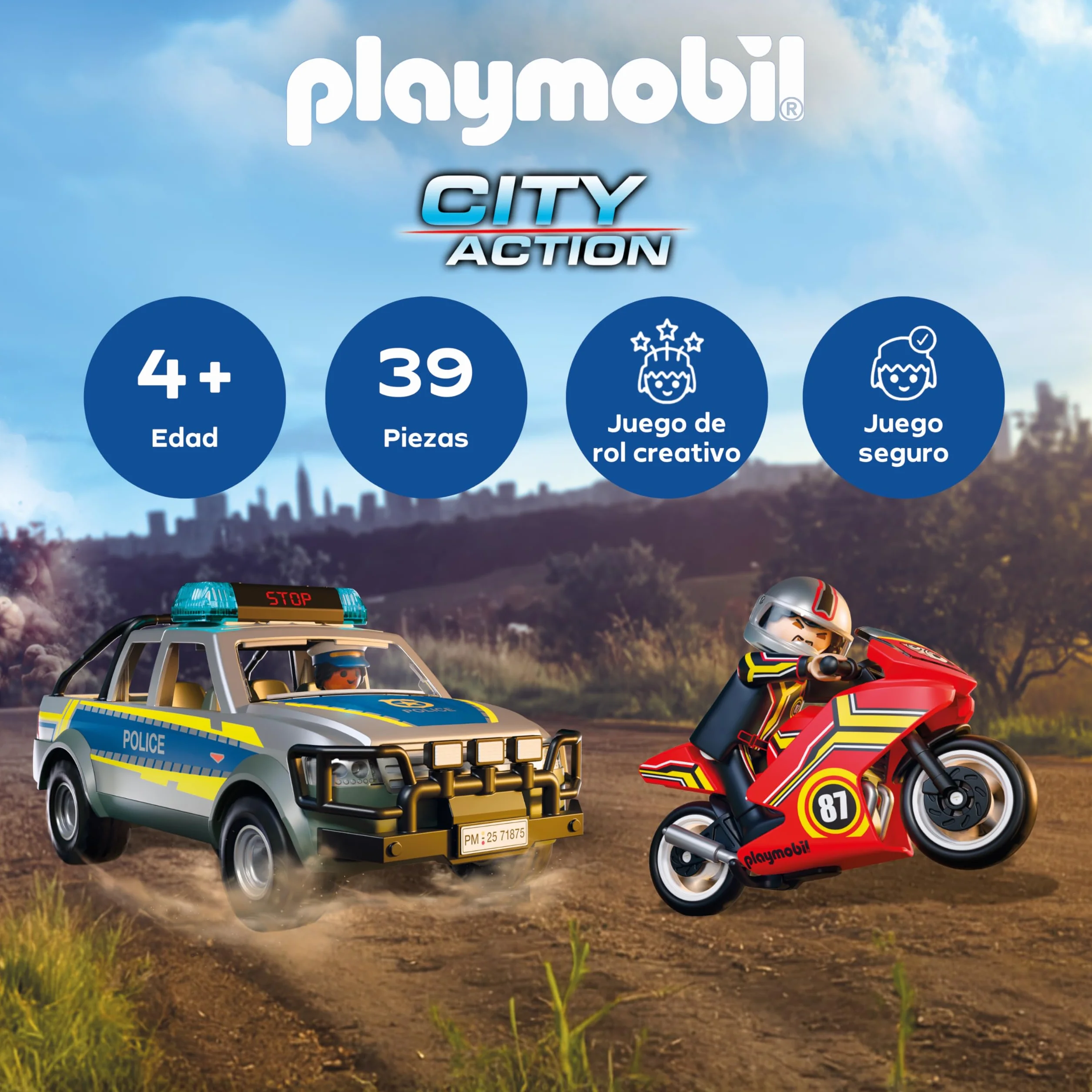 PLAYMOBIL Action Heroes Persecución con Camioneta Policial Juguete con Luces y Sonidos para Mayores de 4 Años 71875