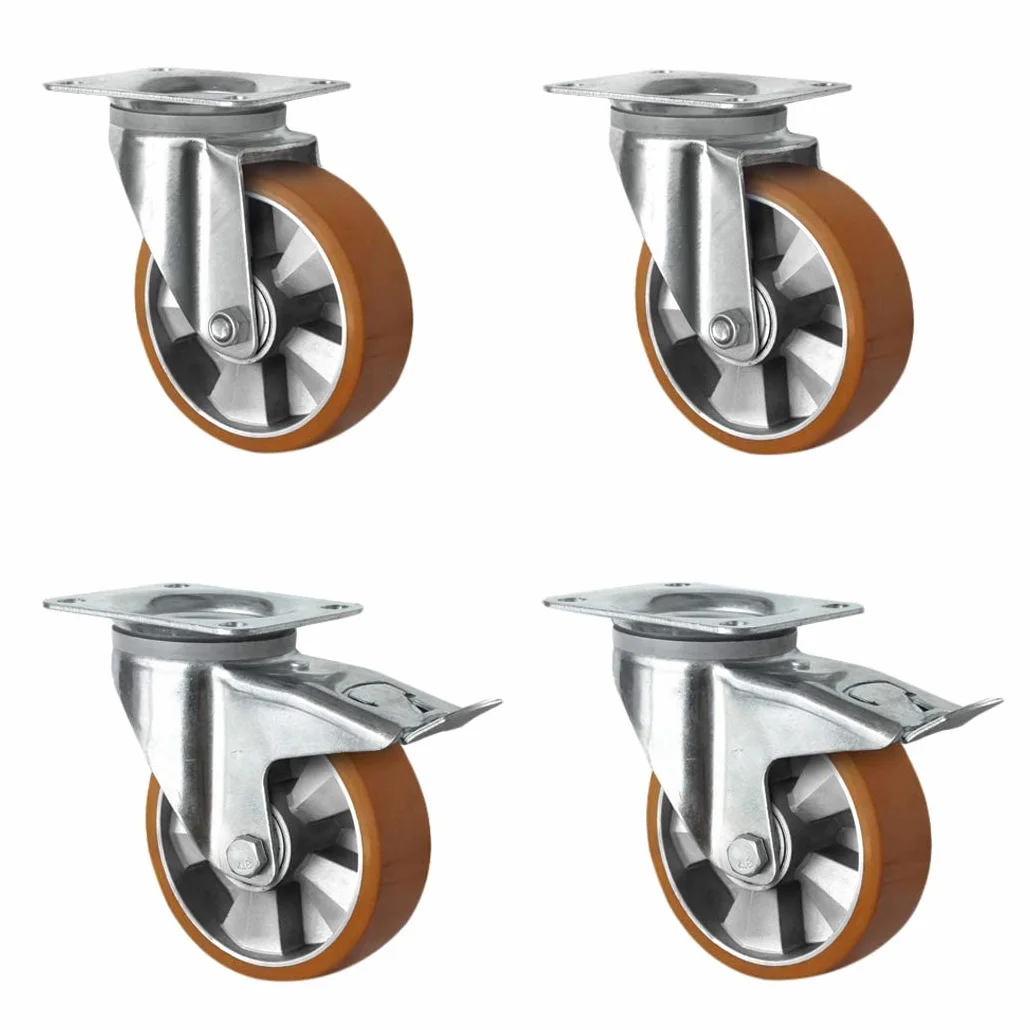Ruedas giratorias de 125 mm, ruedas de aluminio, poliuretano, diámetro de 125 mm, carga pesada, rodamientos de bolas dobles, carga dinámica de 500 kg (juego de 4 unidades con 2-2 bloqueos)