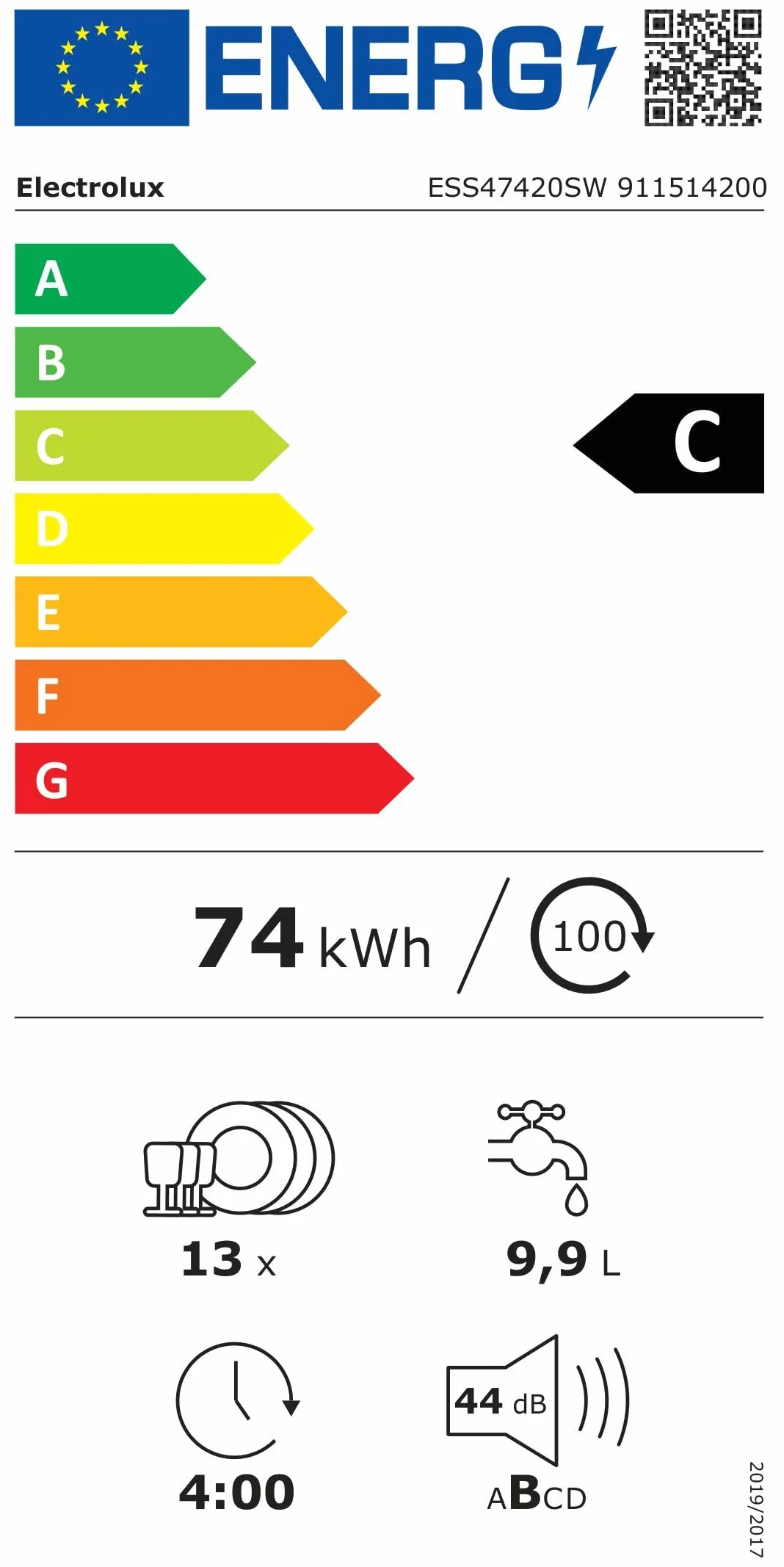 Electrolux ESS47420SW Lavavajillas 60 cm 13 cubiertos AirDry Auto 30 min Display XL Extrahigiene Brazo Aspersor Satélite Softspikes 44 dB(A) Blanco Clase C