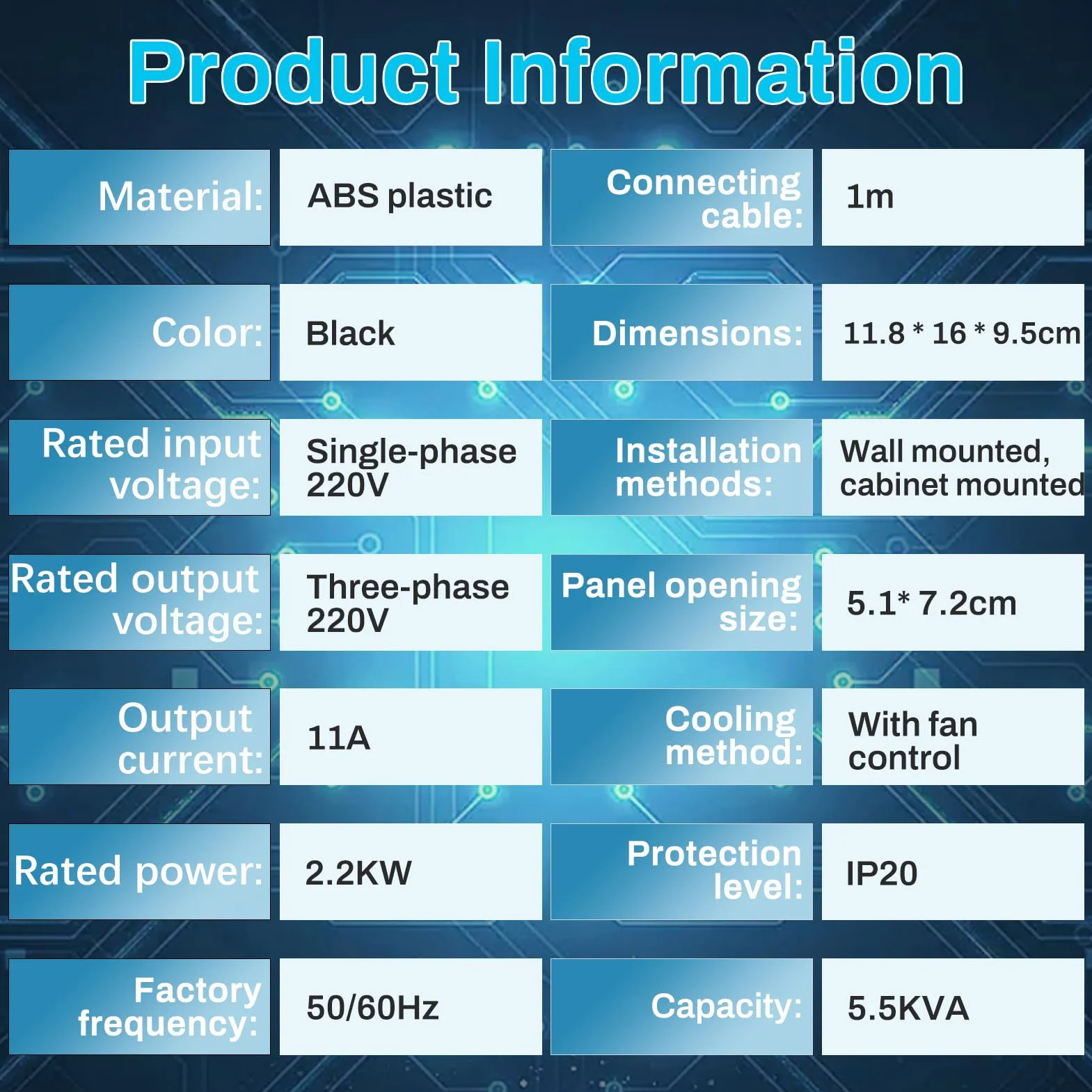 2.2kw Variador de frecuencia 220V Entrada monofásica 220V Salida trifásica 220V Convertidor de frecuencia VFD Cuadro de control extraíble modelo JH-500A (con cable de extensión de 1m)