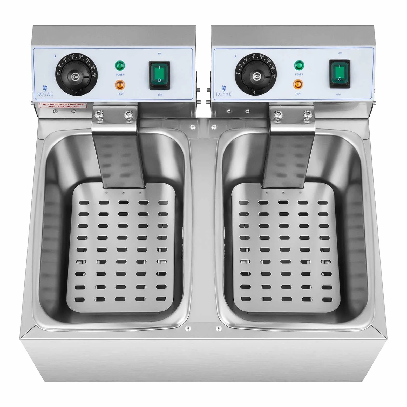 Royal Catering Freidora Electrica Profesional Doble Para Hostelería RCEF 08DB (2 x 8 Litros, Potencia 2 x 3.200 Watt, Temperatura: 50 – 200 °C, Zona Fría, Tapas Incluidas)