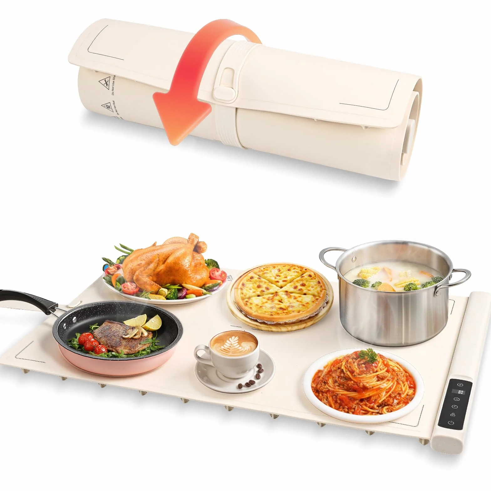 GuKKK Bandeja Calefactora Eléctrica Silicona Portátil Plegable 40-120℃ Temporizador 1-8h Beige