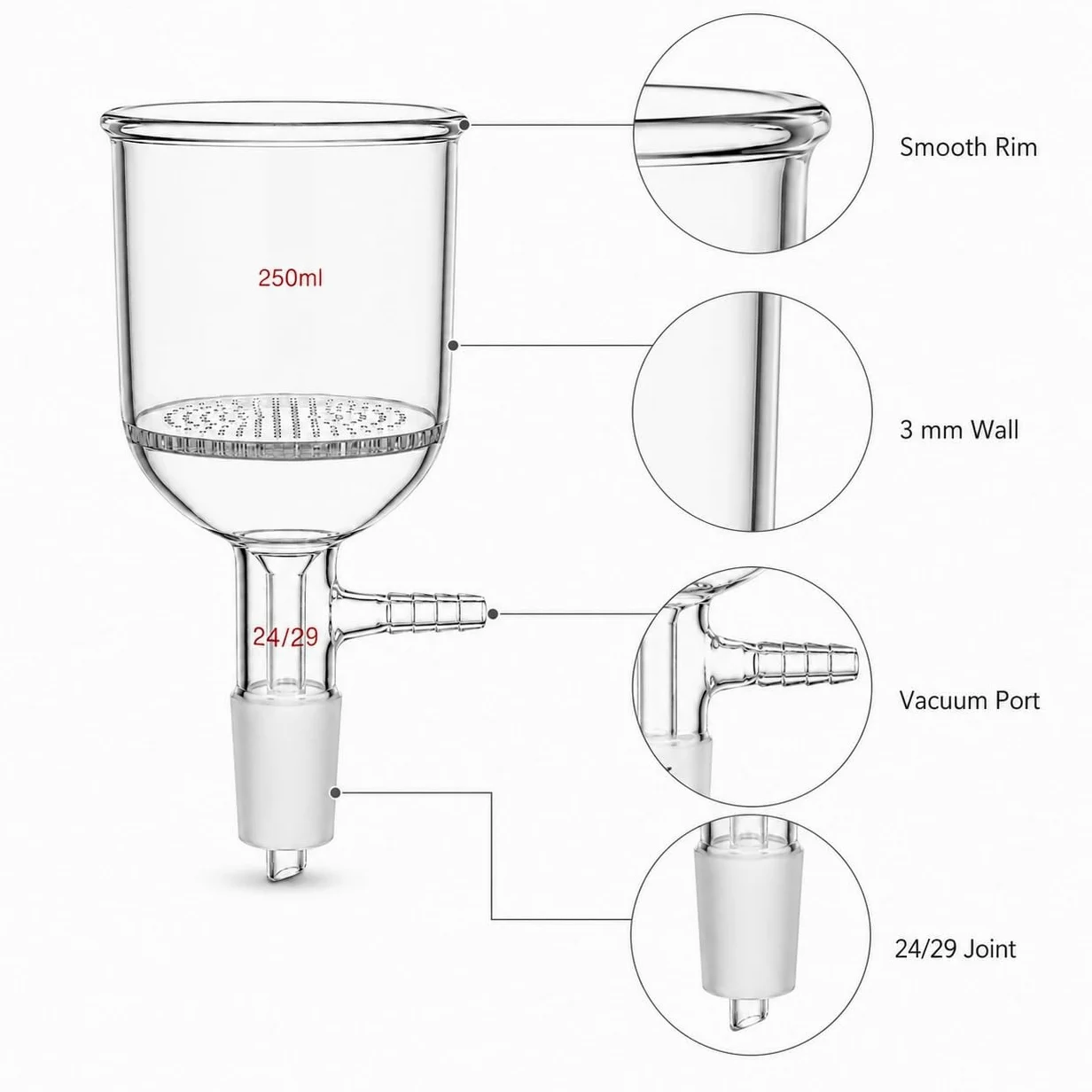 Embudo Büchner Placa Porosa Vidrio Borosilicato Vacío Aparato Lab-19/26# 1000ml