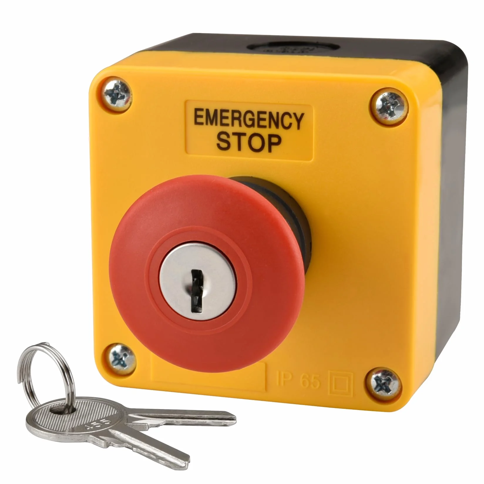 Heschen Interruptor de emergencia IP65 resistente a la intemperie con carcasa y llave, 2NC 660 V 10 A, interruptor de botón rojo con inscripción EMERGENCY STOP para industria, 1 unidad
