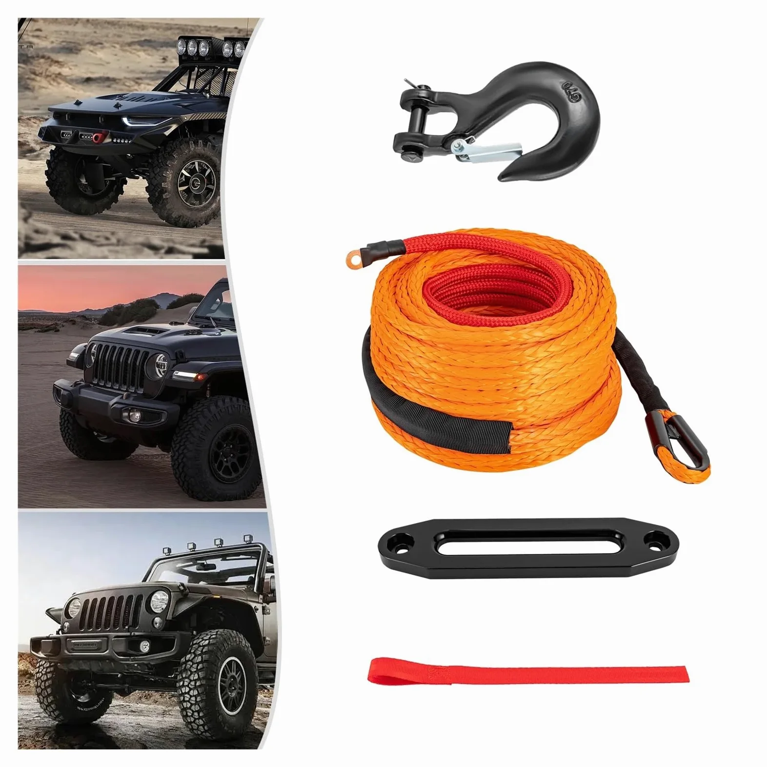 Cabrestante Manual, Cable de cabrestante sintético de 28 m (23809 lb) con gancho y guías for vehículos todoterreno 4x4, ATV, UTV y SUV (naranja)
