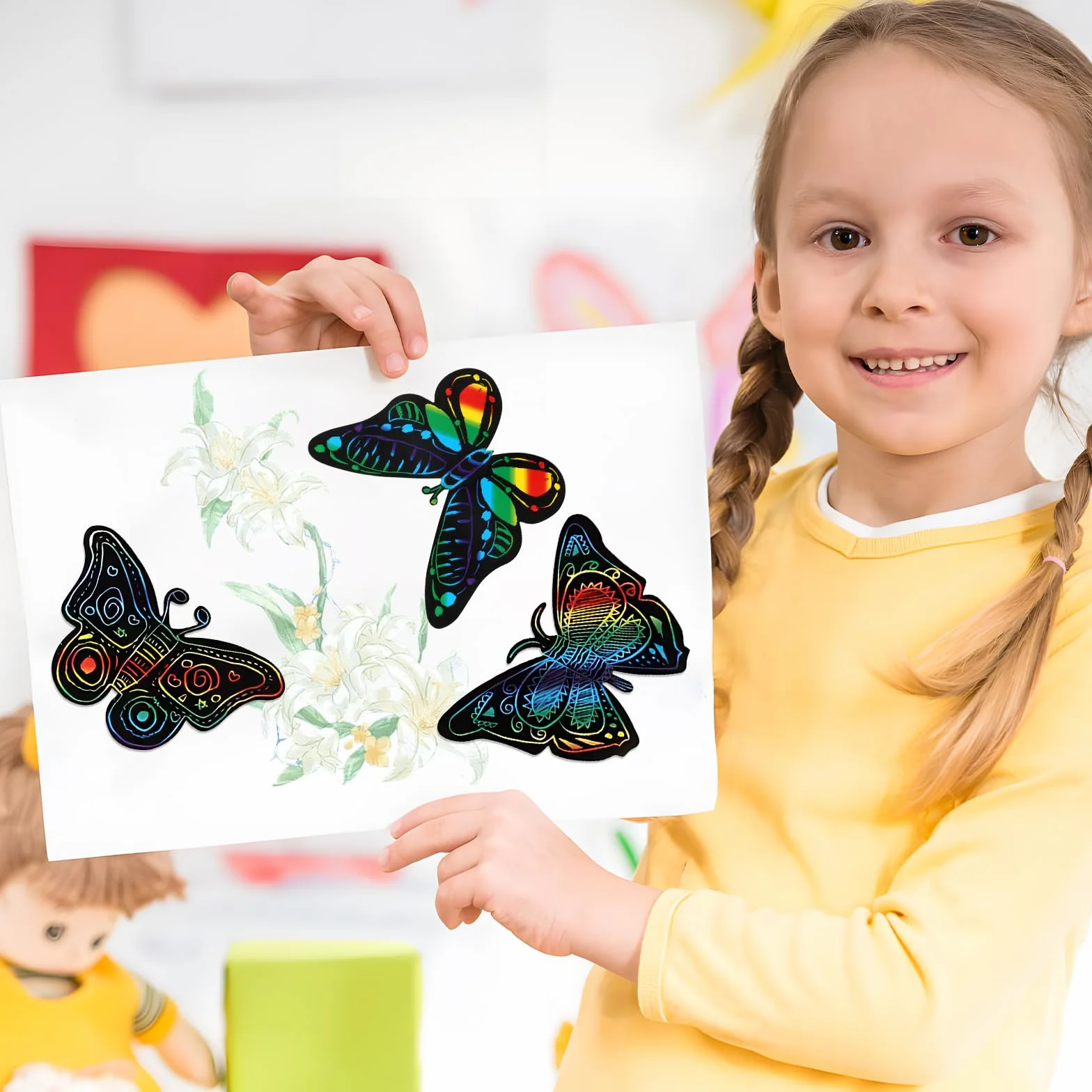 Scratch Art para Niños 48 Piezas Mariposa Arco Iris Papel Mágico Rascar DIY 12 Estilos