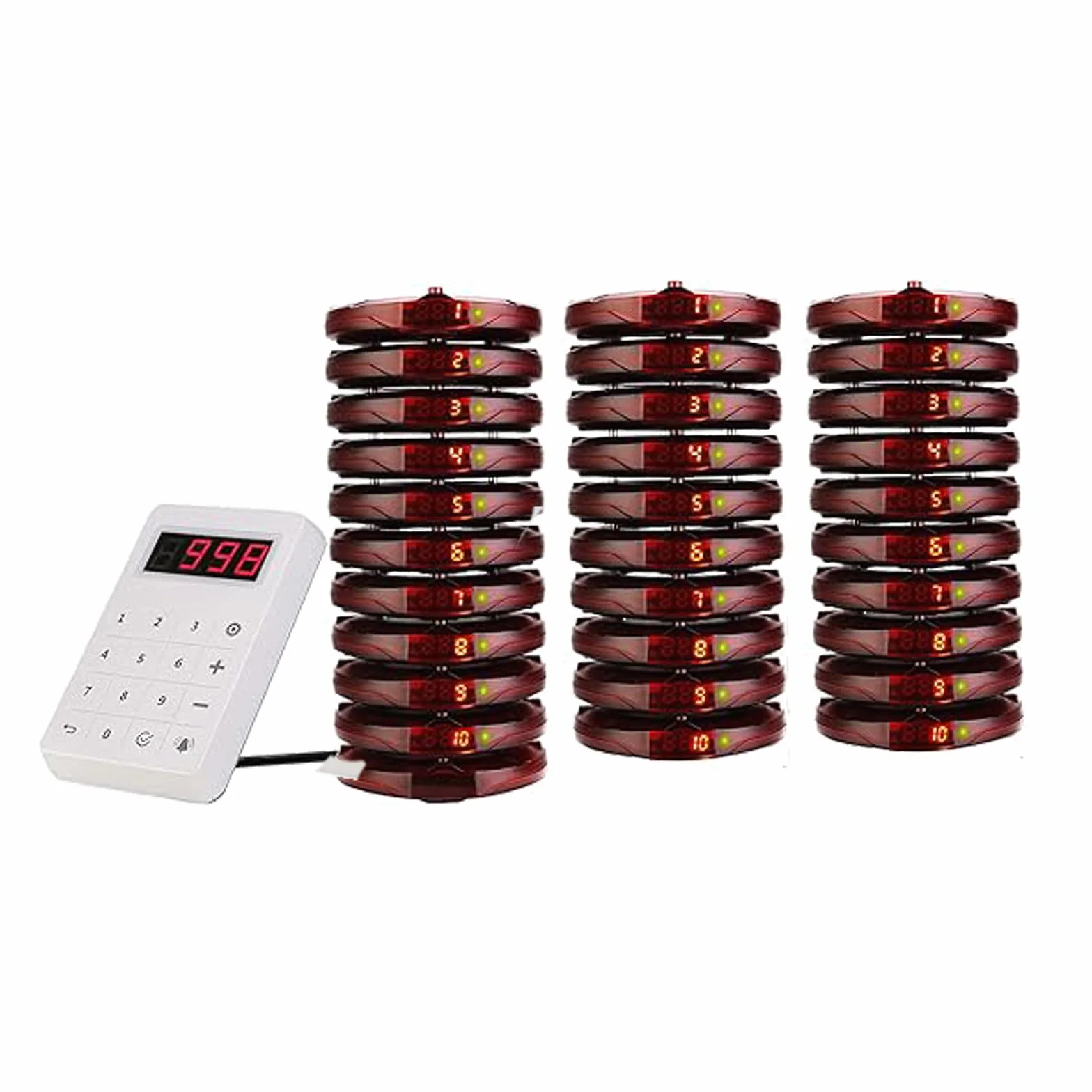 Retekess TD158 Sistema de Llamadas, 30 Buscapersonas, Exterior 500M, Tubo Digital LED, Material PC Transparente, Batería 300 mAh 20H, Avisador Clientes para Patios de Comidas, Centros Comerciales