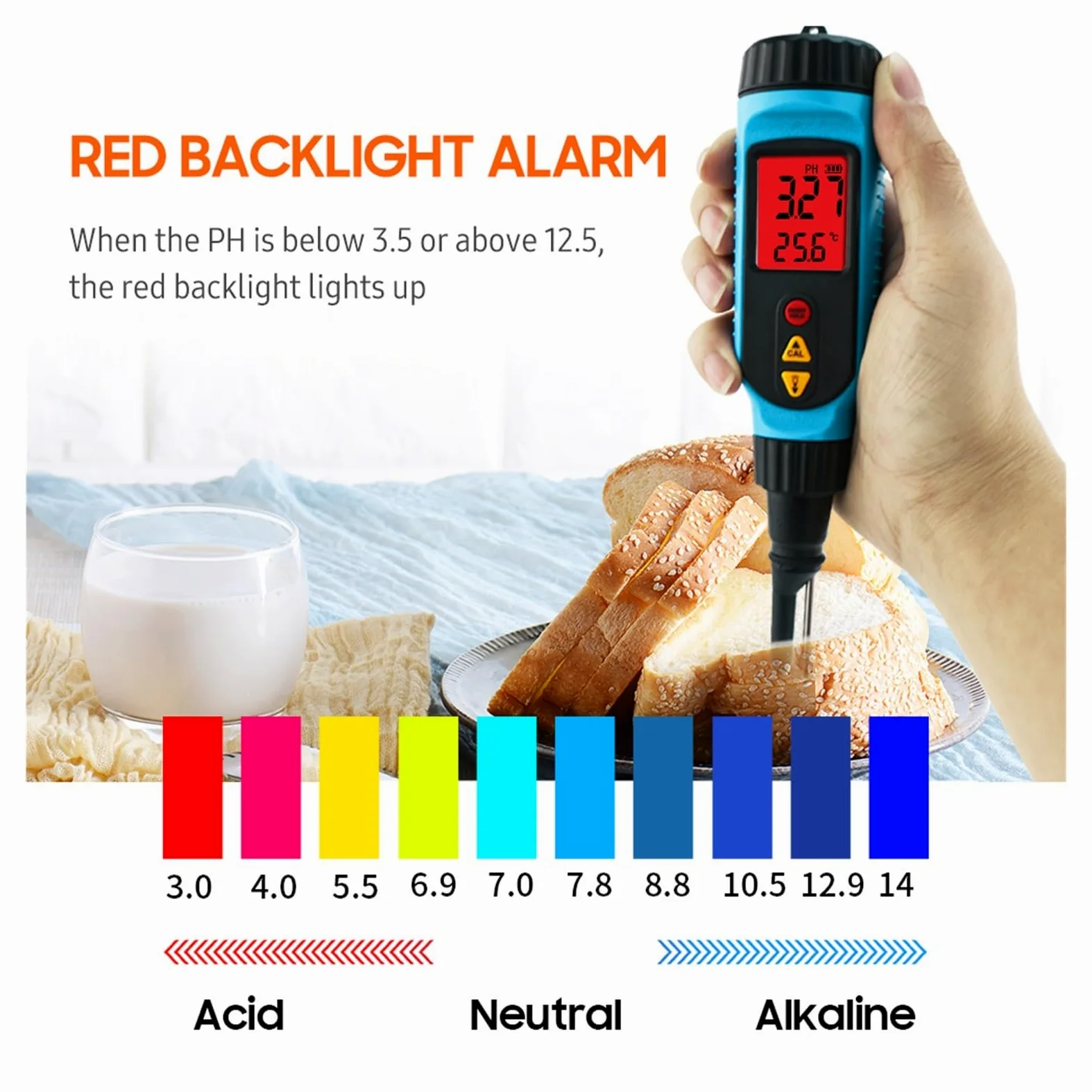Medidor de PH PH818M for procesamiento alimentos 2 en 1 probador medidor temperatura solución retroiluminación LCD Digital, Probador preciso(Food PH Meter)