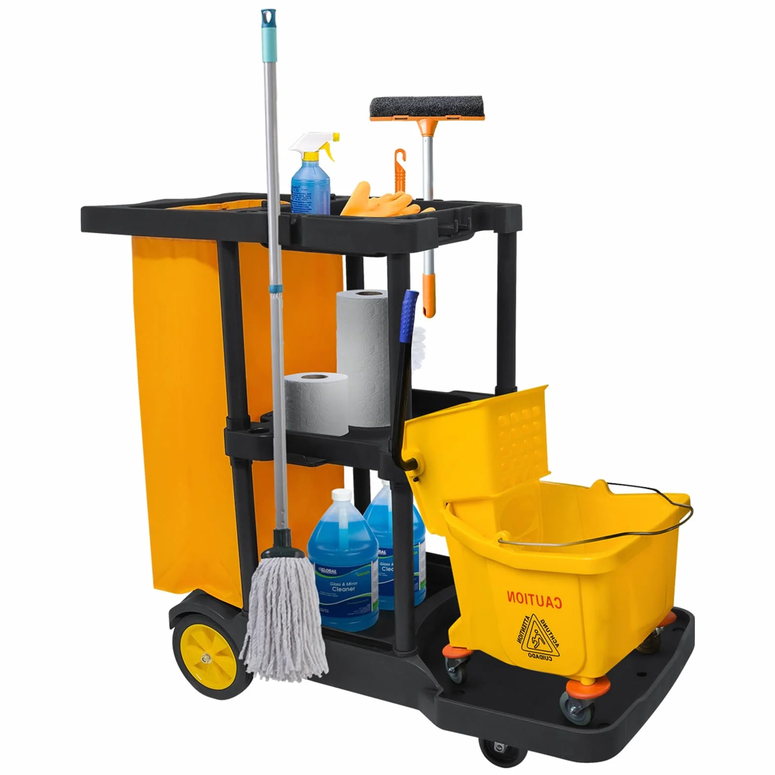Bimiti Carro de limpieza profesional con bolsa extragrande, 113x56x93 cm, 3 niveles de gran capacidad, carrito de limpieza, bolsa de basura de 65 L, amarillo y negro