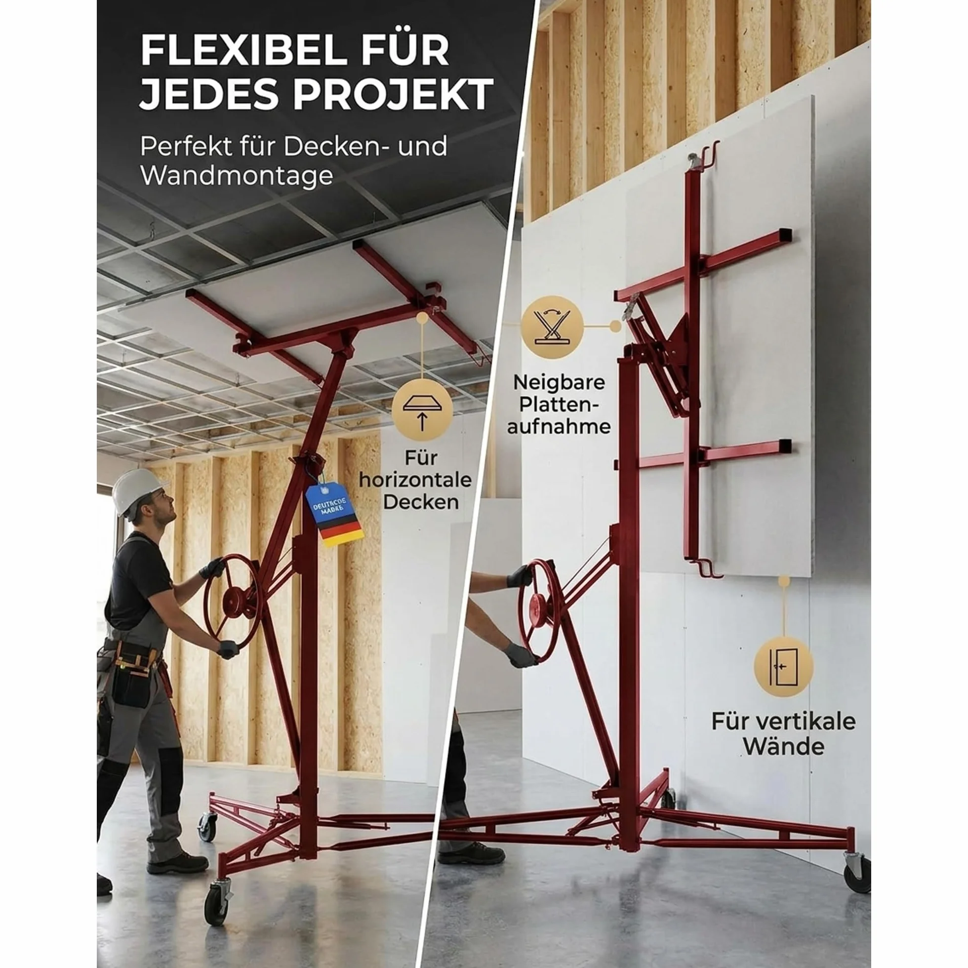 Werkthor Elevador de placas XXL de hasta máx. 68 kg, altura 140-350 cm, elevador de placas de yeso para placas de yeso y placas de yeso, elevador de placas de yeso con 3 ruedas y freno de