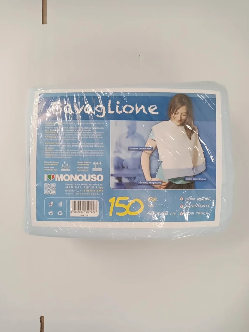 MEDICAL SUD PROFESSIONAL Baberos desechables para adultos de celulosa y polietileno con bolsa de recogida absorbentes e impermeables, fabricados en Italia
