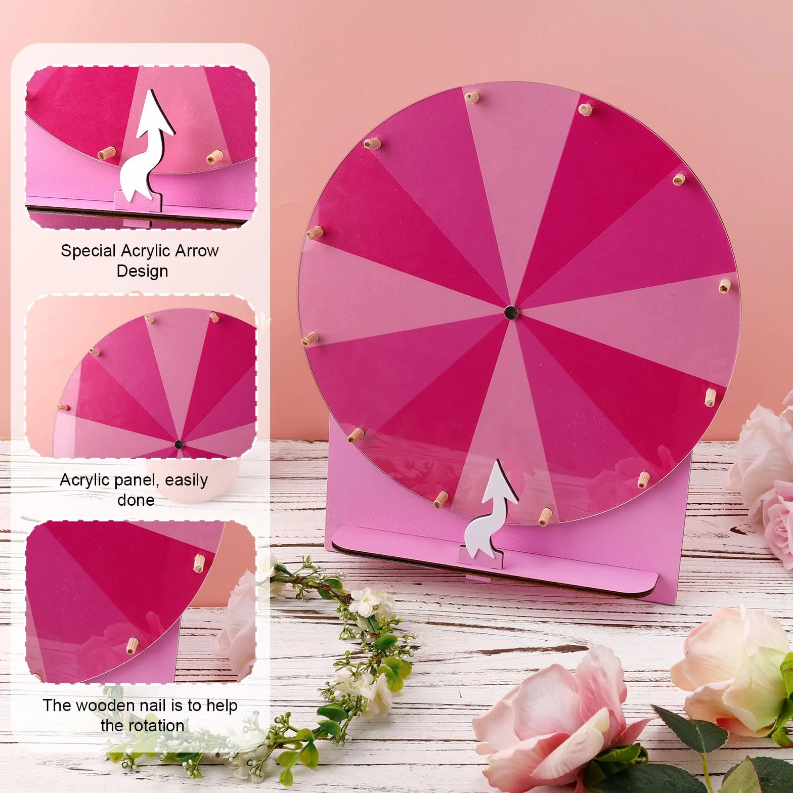 Rueda Giratoria de Madera 29 cm Ruleta para Sorteos Premios Juegos de la Fortuna Ferias Carnaval (Rosa)