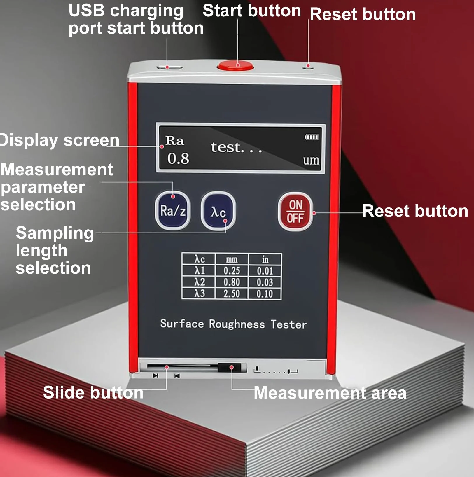 Rugosímetro portátil de 0,01 μm, medidor digital de rugosidad con bloque de calibración estándar, 4 parámetros de prueba: Ra/Rq 0,05~15,0 μm, Rz/Rt 0,1~50,0 μm, para para mediciones industriales