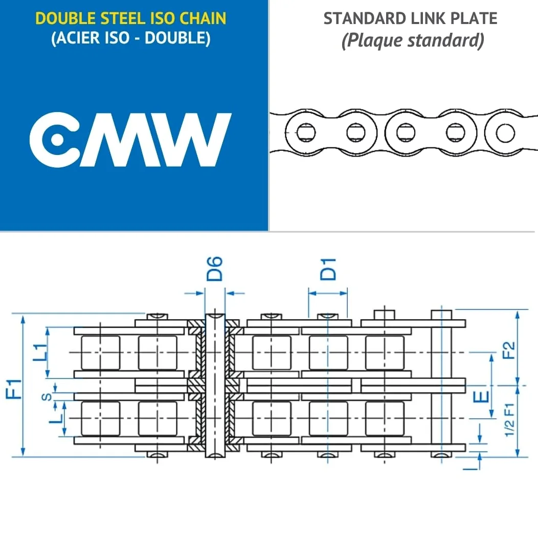 CMW - Cadenas de transmisión estándar - Dentado doble - Acero - Paso 9,52 mm - ISO - 06B-2 - Rollo de 5 metros
