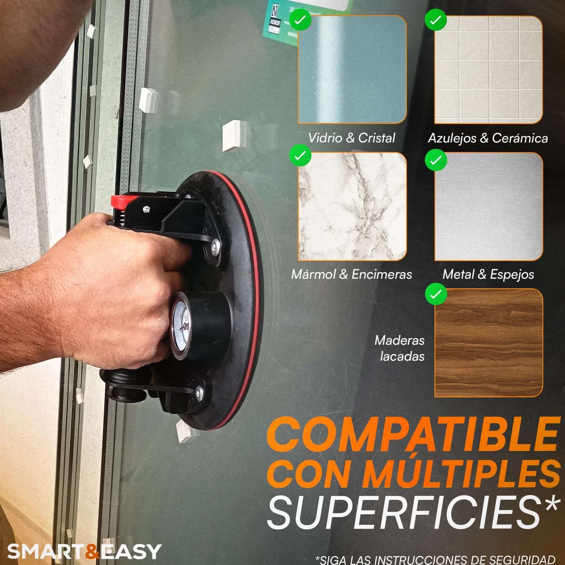 SMART&EASY Set 2 Ventosas para Azulejos con Manómetro 200 kg Succión 200 mm Diámetro Maletín Compacto