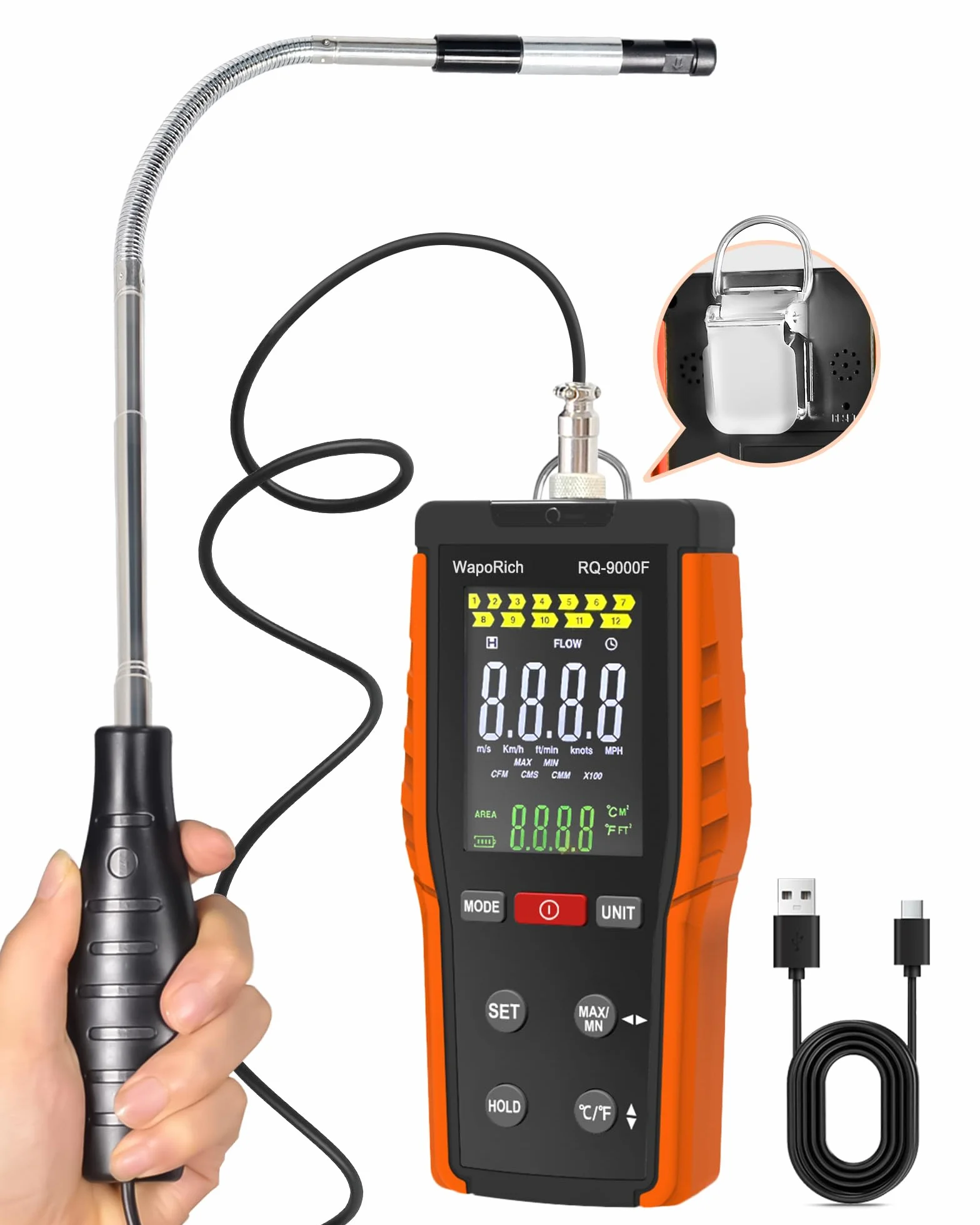 Anemómetro de Hilo Caliente Digital RQ-9000F Medidor Velocidad de Viento CFM CMM CMS Temp HVAC Kitesurf