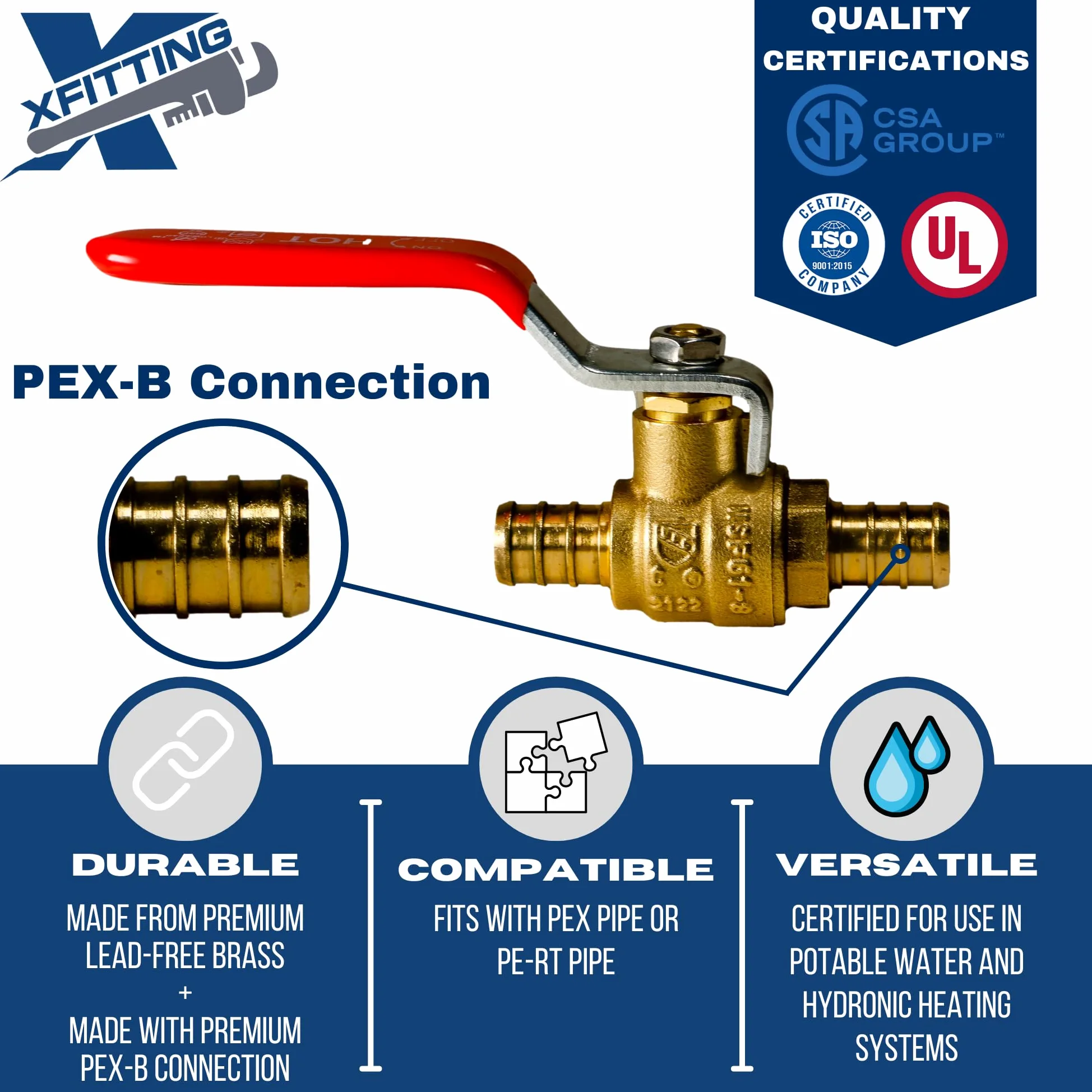 XFITTING Válvula de bola Pex de 10 piezas de 1/2 pulgada con mango rojo, 24-2-1 = 10X (10)