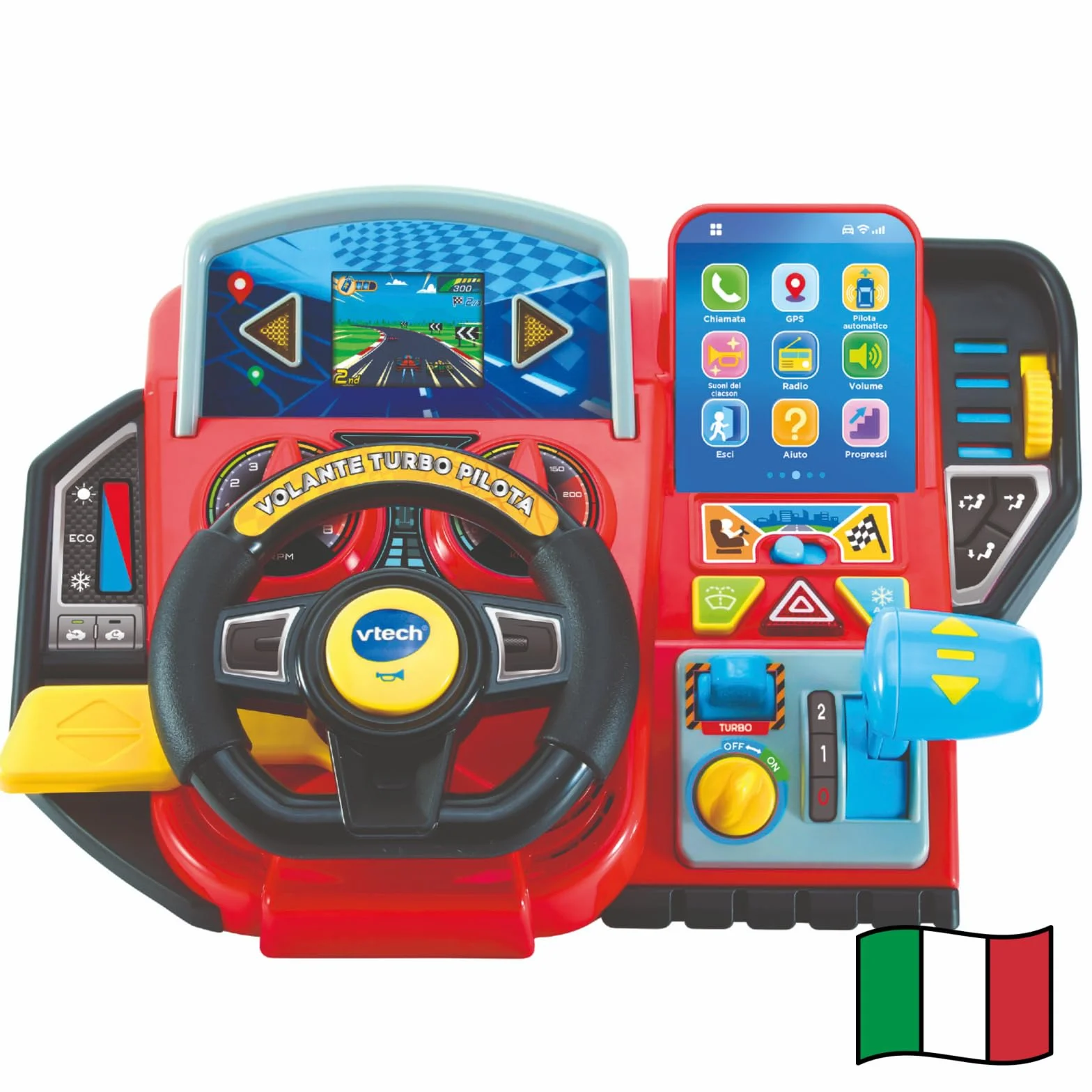 VTech Volante Turbo Piloto Infantil con Tablero Interactivo, 20 Juegos Educativos, 9 Circuitos, Pantalla LCD, Italiano