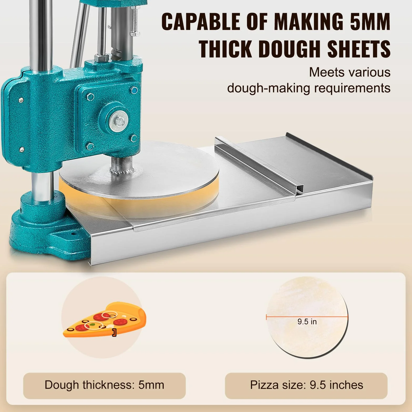 VEVOR Prensa de Pasta Máquina de Pizza Manual Diámetro de 24cm con Bandeja de Acero Inoxidable Formadora de Pizza Doméstica Altura Ajustable para Tartas Tortillas Panes Pizzerías Panaderías Cafeterías
