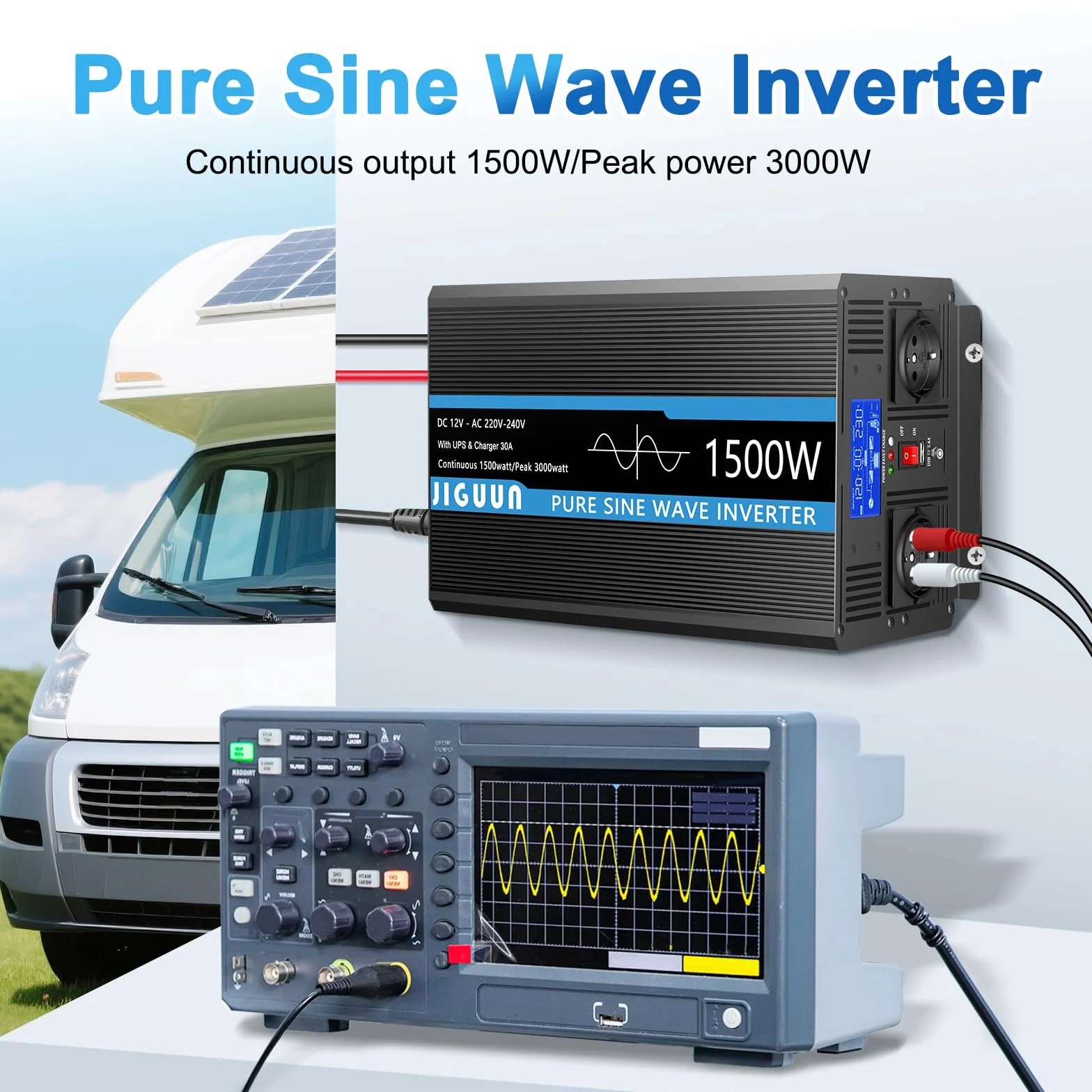 JIGUUN 1500W Inversor 12V 220V Onda Pura Inverter con Cargador 30A y Circuito Prioritario de Red y SAI，2 Tomas EU, Mando a Distancia Inalámbrico y Pantalla LCD Potencia Pico 3000W