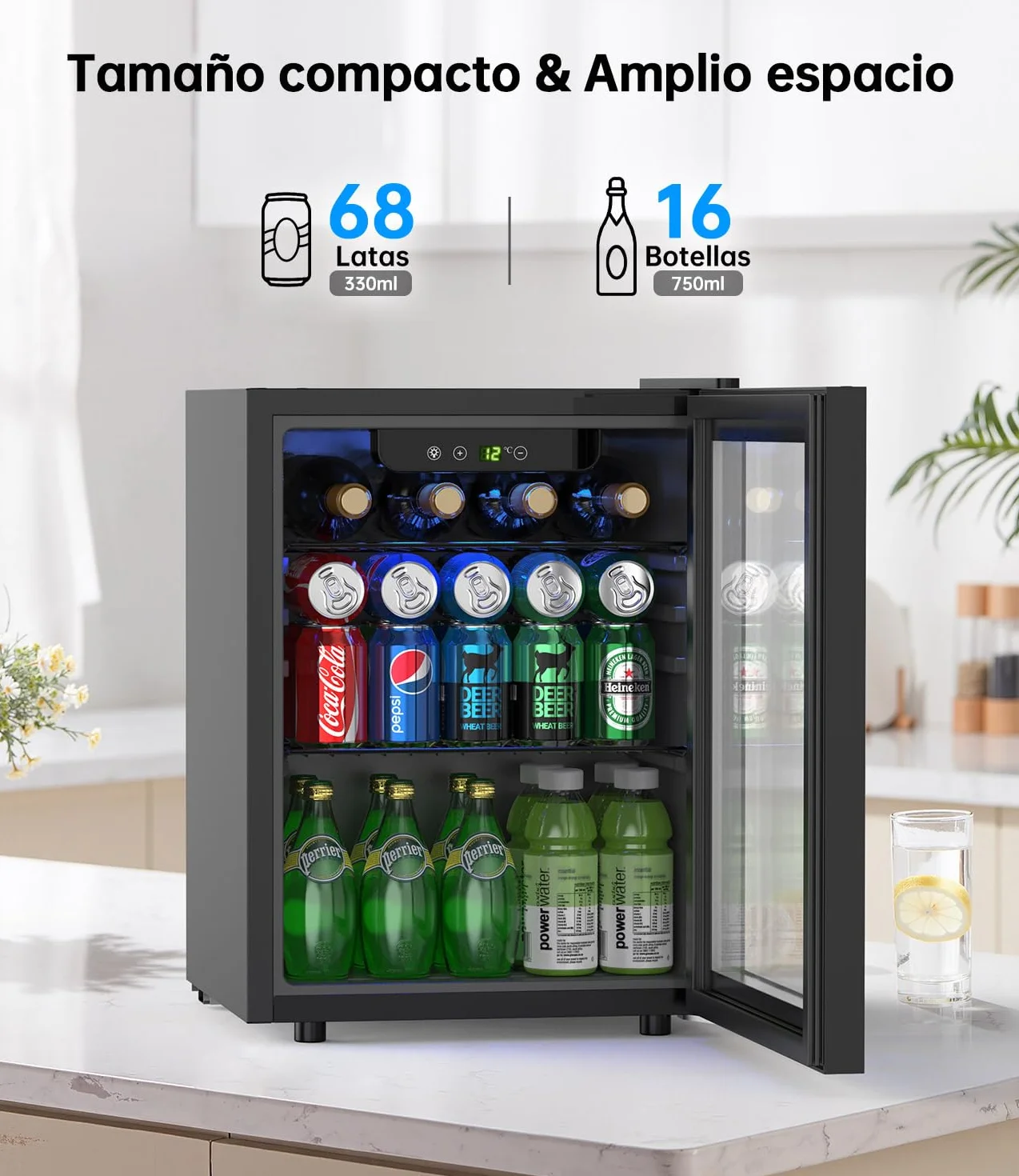Mini Nevera 48L 68 Latas Frigorifico Pequeño con Puerta de Cristal, Temperatura Regulable, Iluminación LED, Silencioso