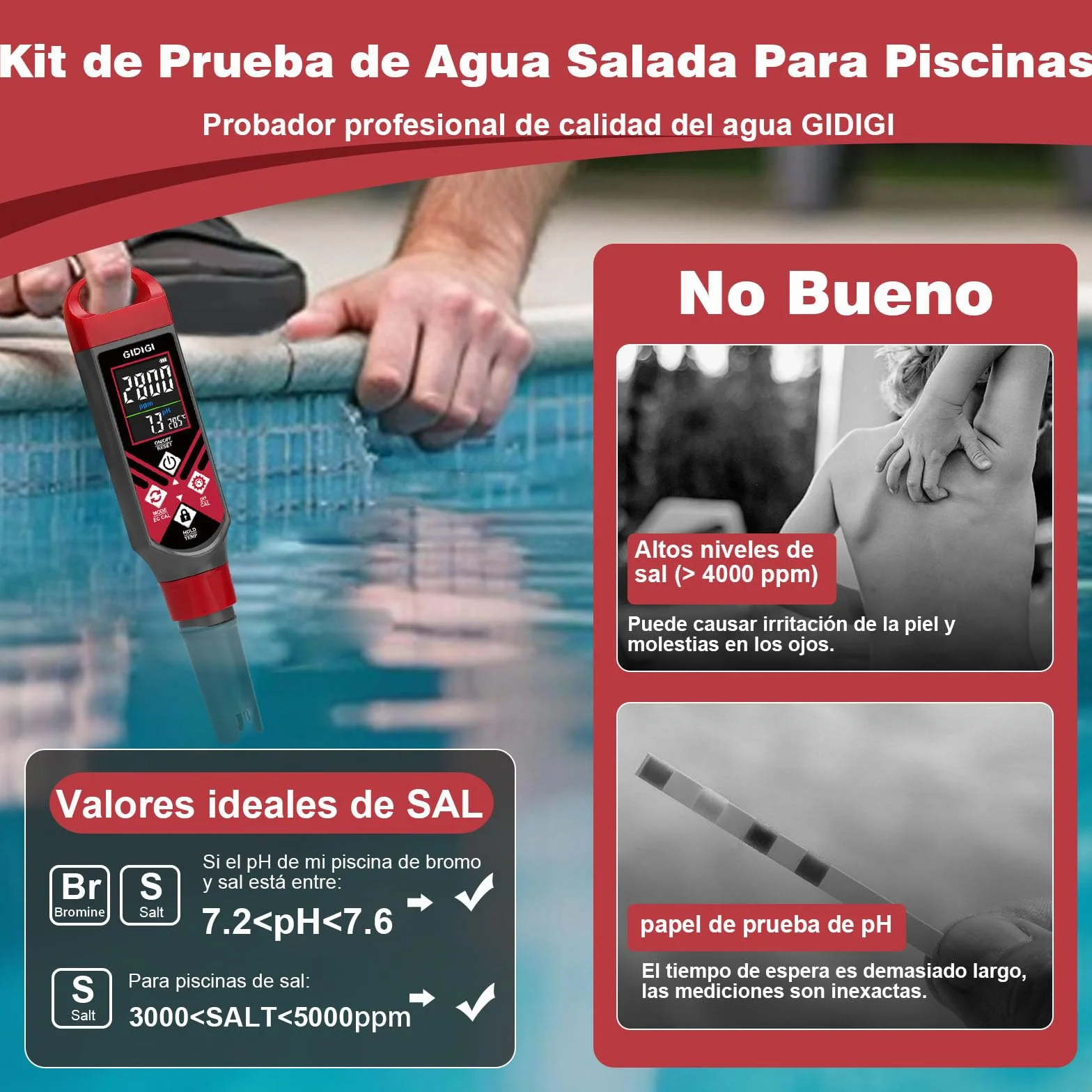 Medidor Digital 5 en 1 Salinidad pH EC TDS con Pantalla Color y Solución Calibración para Piscinas Agua Salada Acuarios Hidroponía