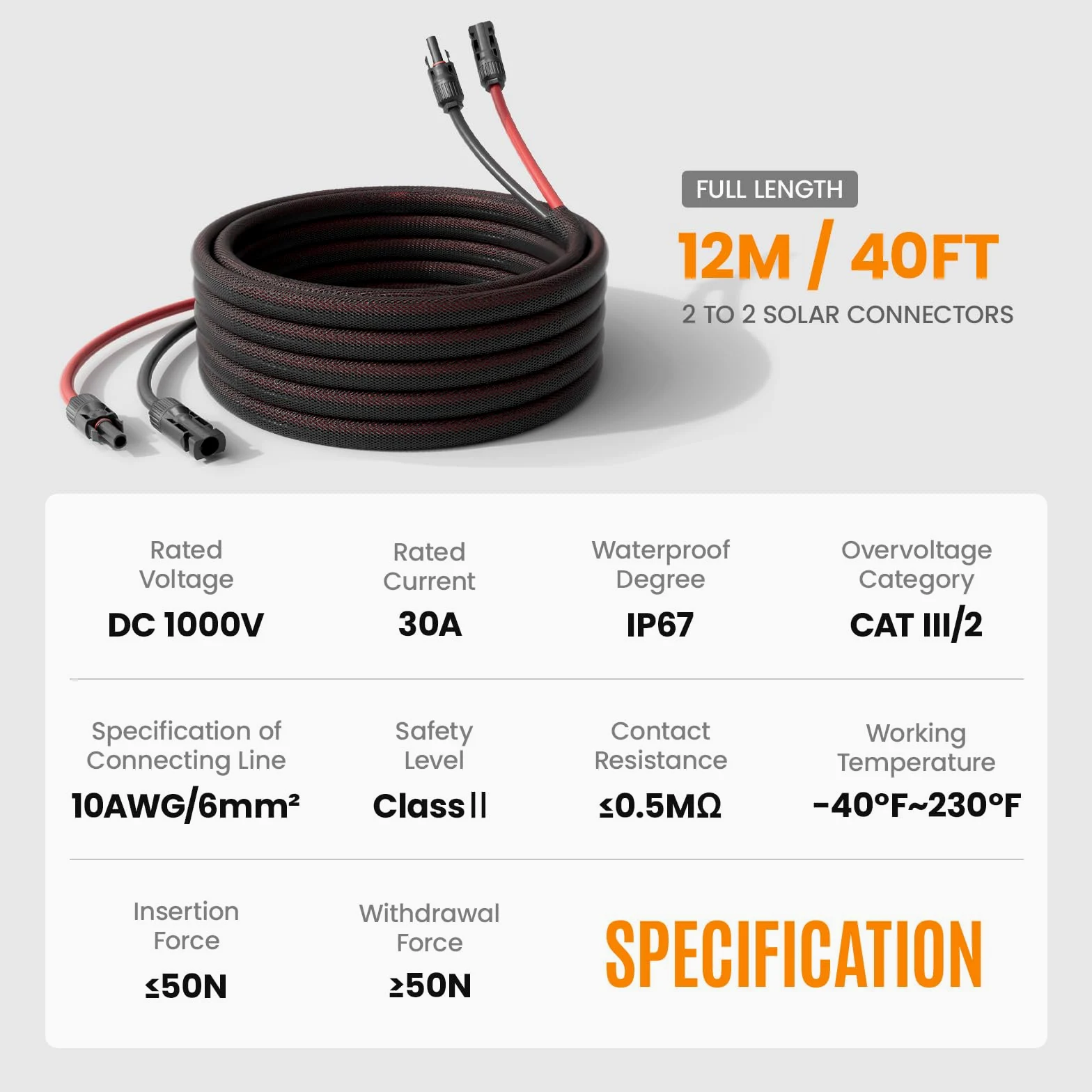 Cable de extensión de panel solar de 10 AWG, 6 mm², 20 pies, cable fotovoltaico de cobre con funda, IP67 impermeable, ignífugo, cable solar para exteriores para paneles solares y sistemas de