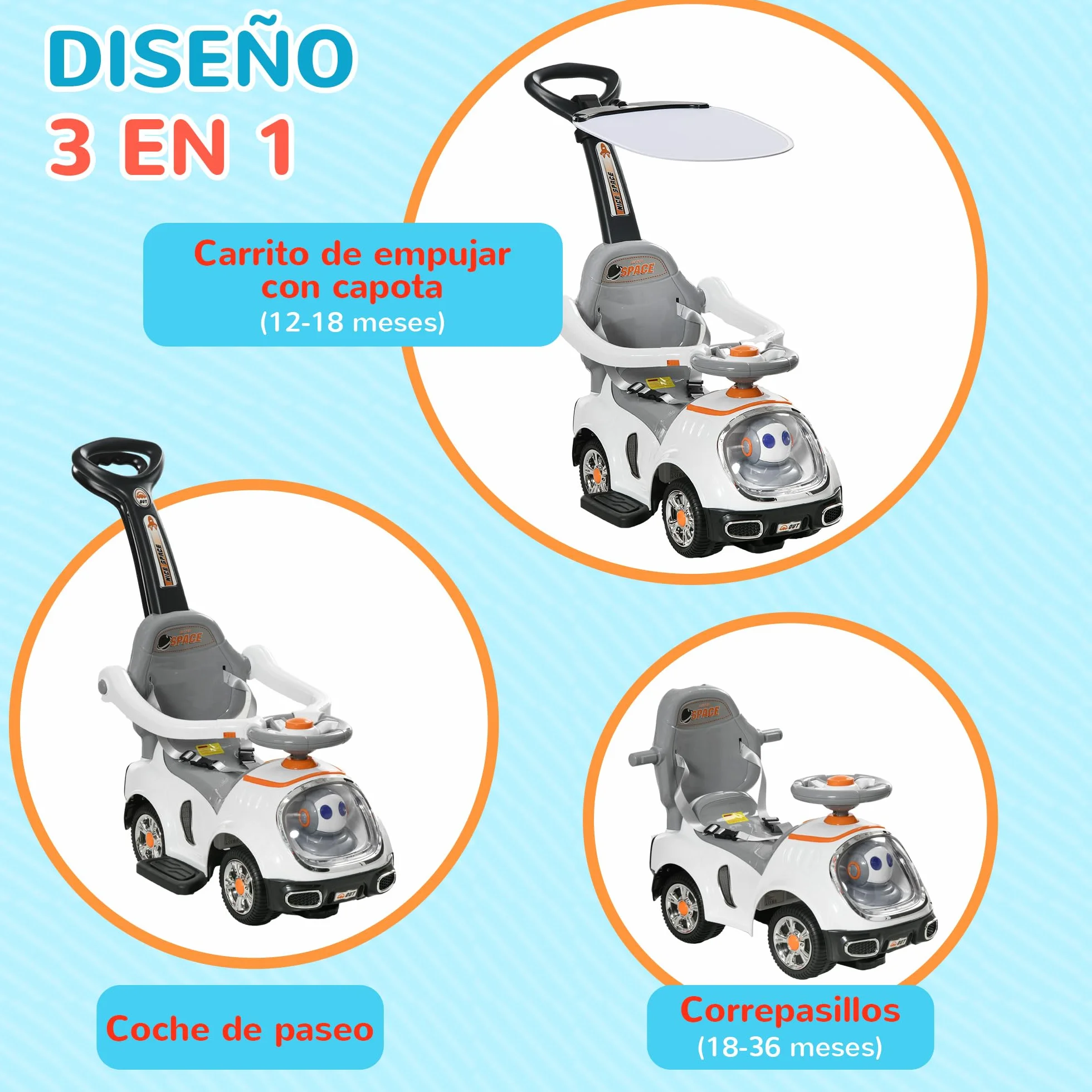 AIYAPLAY Coche Correpasillos 3 en 1 para Niños 12-36 Meses, Blanco