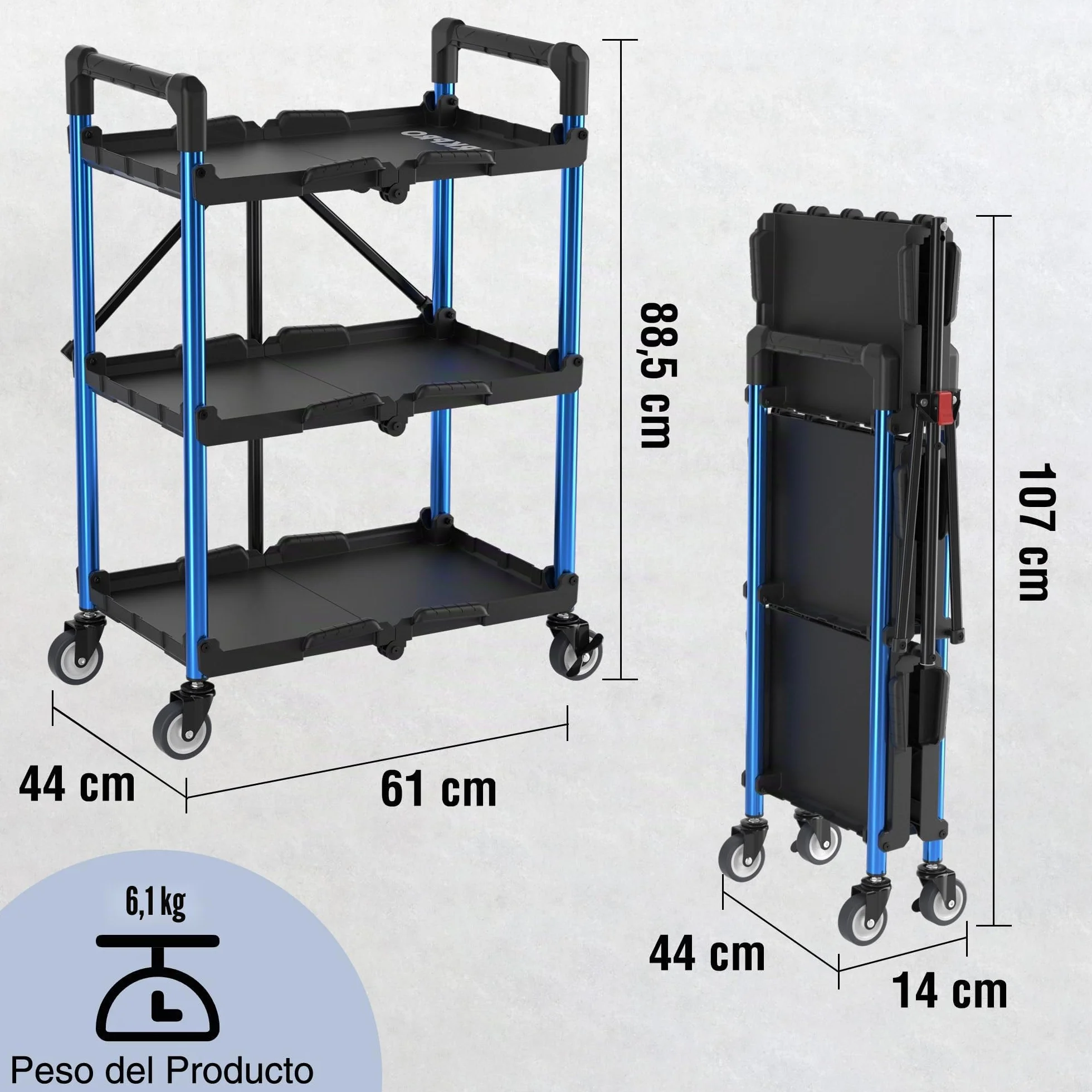 WORKPRO Carro de Servicio Plegable 3 Niveles, Capacidad de 96 kg, Carro Portátil para Herramientas, Ideal para Garaje, Almacén, Hogar, Restaurante, Oficina (Sin Montaje)