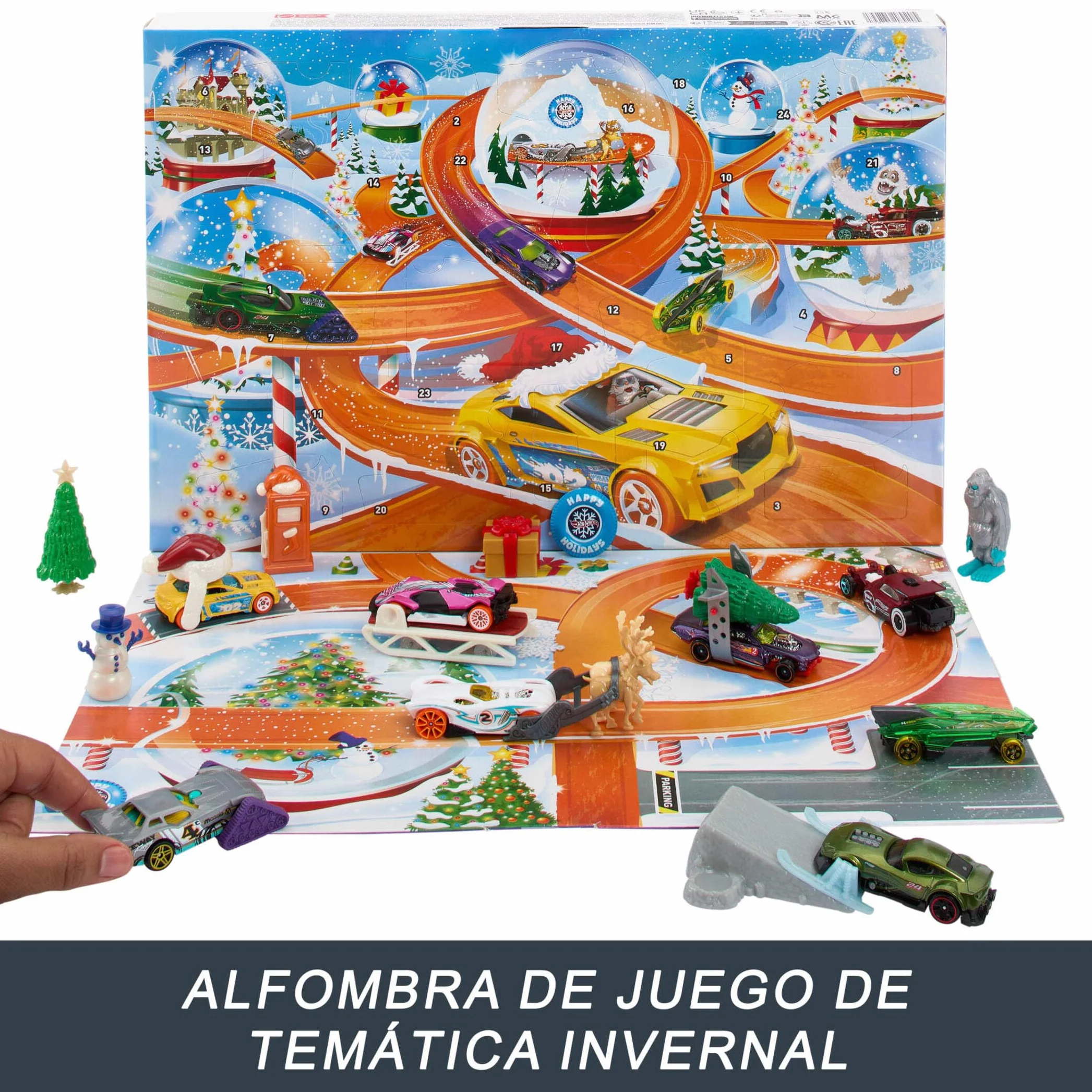 Hot Wheels Calendario de Adviento 2024, 8 coches de juguete con 16 accesorios sorpresa, alfombra de juego, regalo niños +3 años HTG00