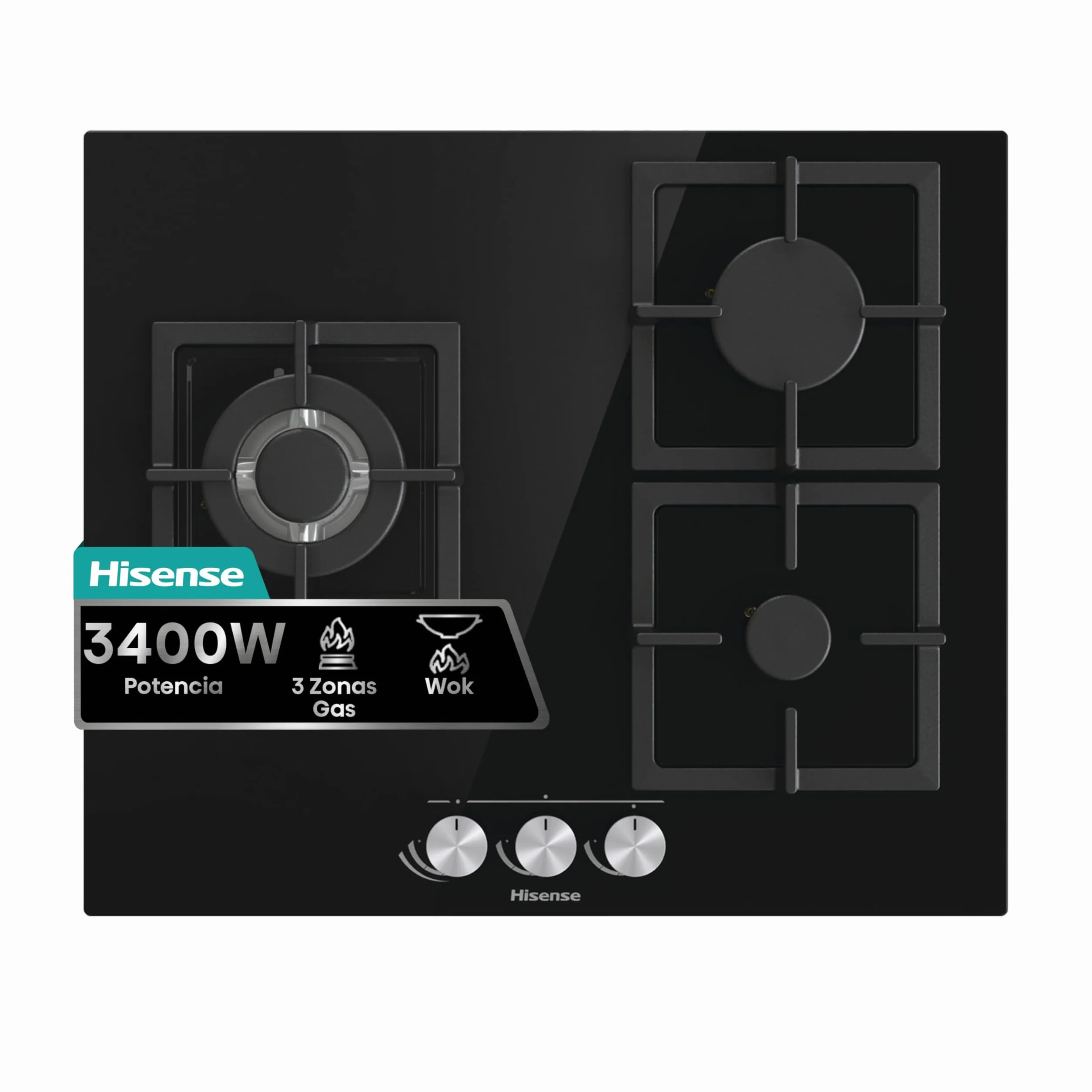 Hisense GG633B Placa de Gas Natural 60 cm 3 Zonas Parrilla Hierro Fundido Cristal Templado Negro Autoencendido GasStop