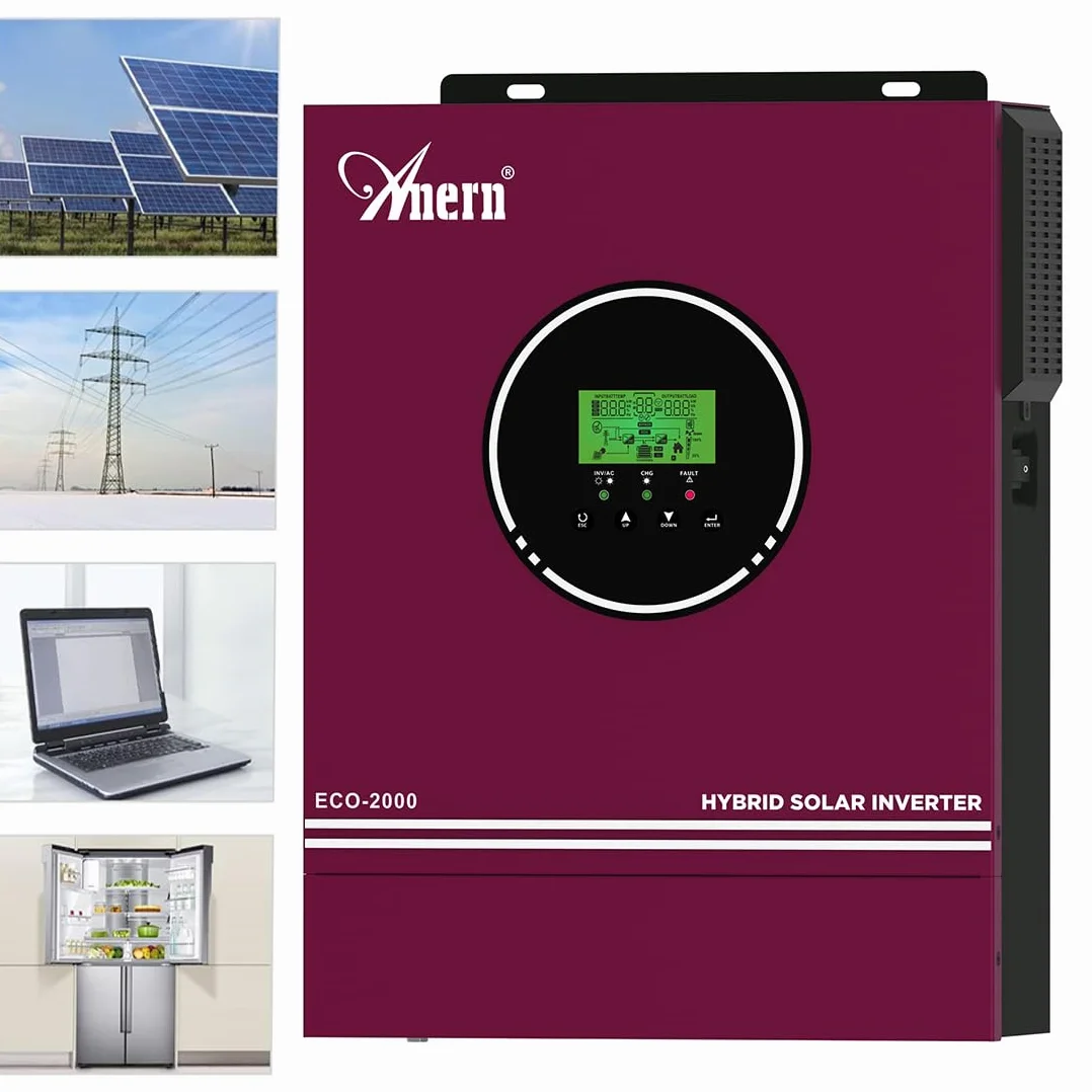 Anern 12V 2KW Inversor Solar híbrido Fuera de la Red Inversor Solar DC12V A AC230V con Cargador Solar MPPT de 80A Máx PV 400V DC Funciona con Acumuladores de Baterías de Litio de 12V