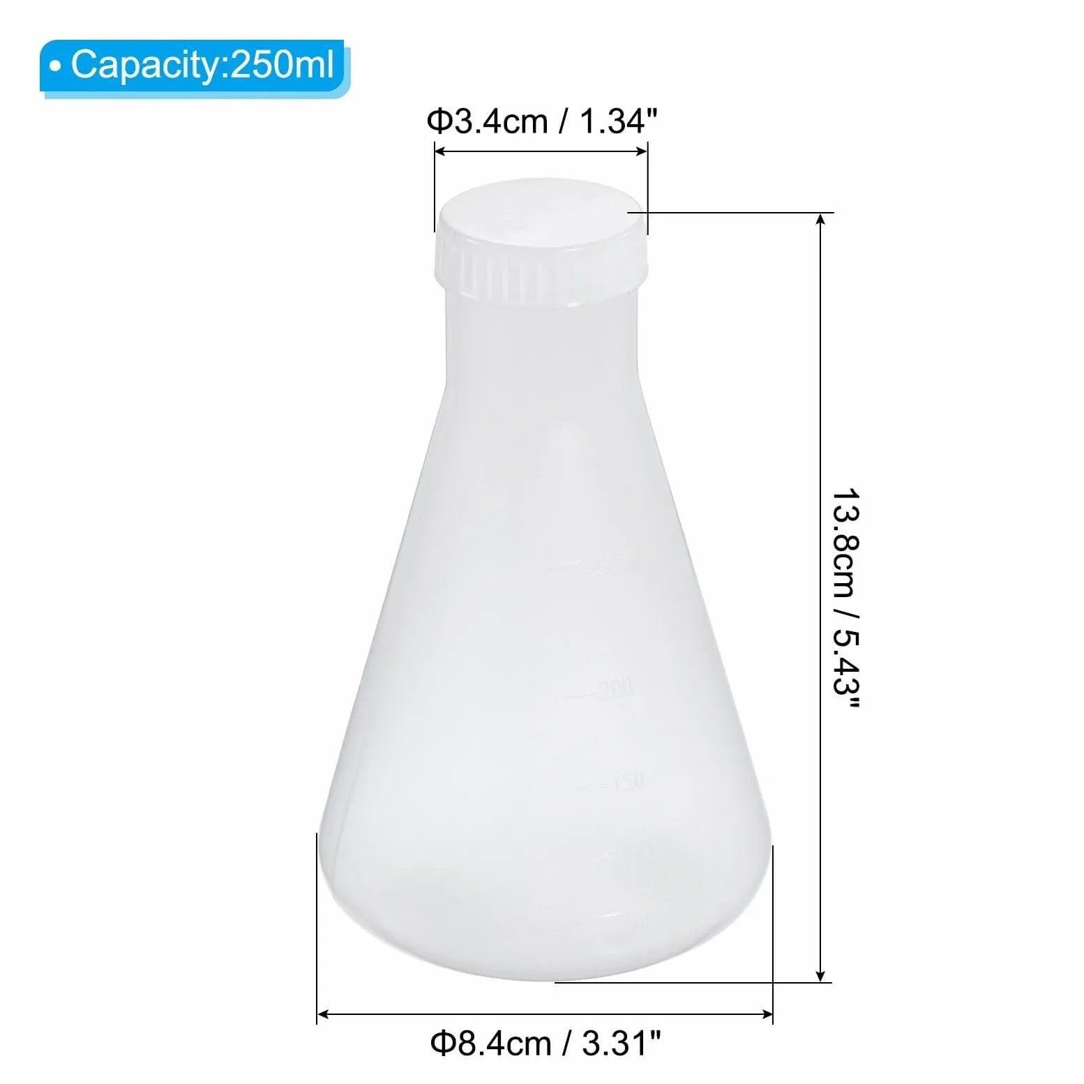 Matraz de Erlenmeyer de Plástico 250ml con Tapón de Roscas, Paquete de 2 Matraz Cónico de Boca Estrecha para Laboratorio, Transparente(250ML)