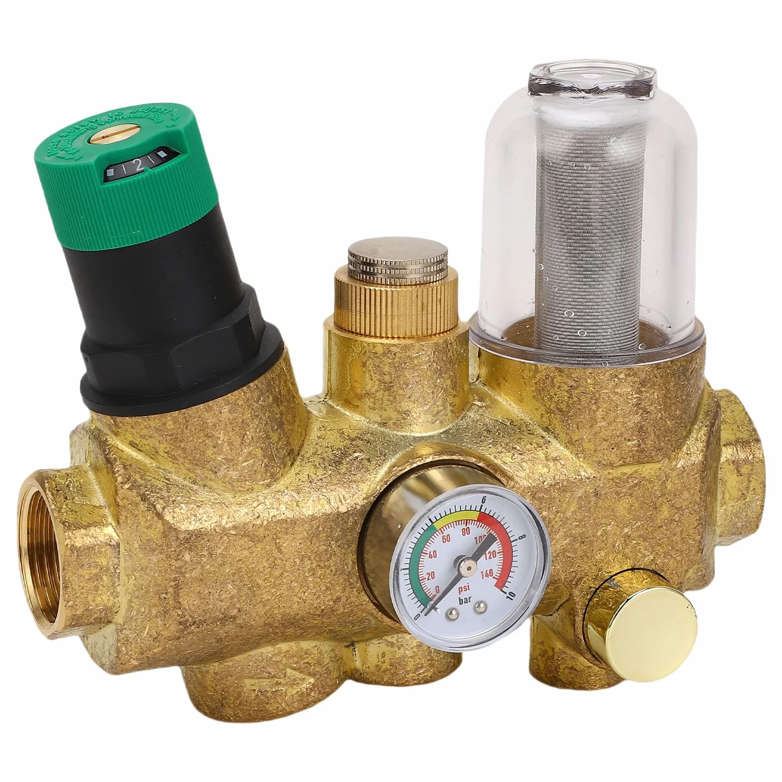 FTVOGUE Válvula Reductora de Presión de Tubería, Válvula Reguladora de Presión de Agua de Latón con Filtro de Acero Inoxidable, Ajuste Manual 3 en 1 1 2 Pulgadas DN15 para de Plomería Doméstico (/2
